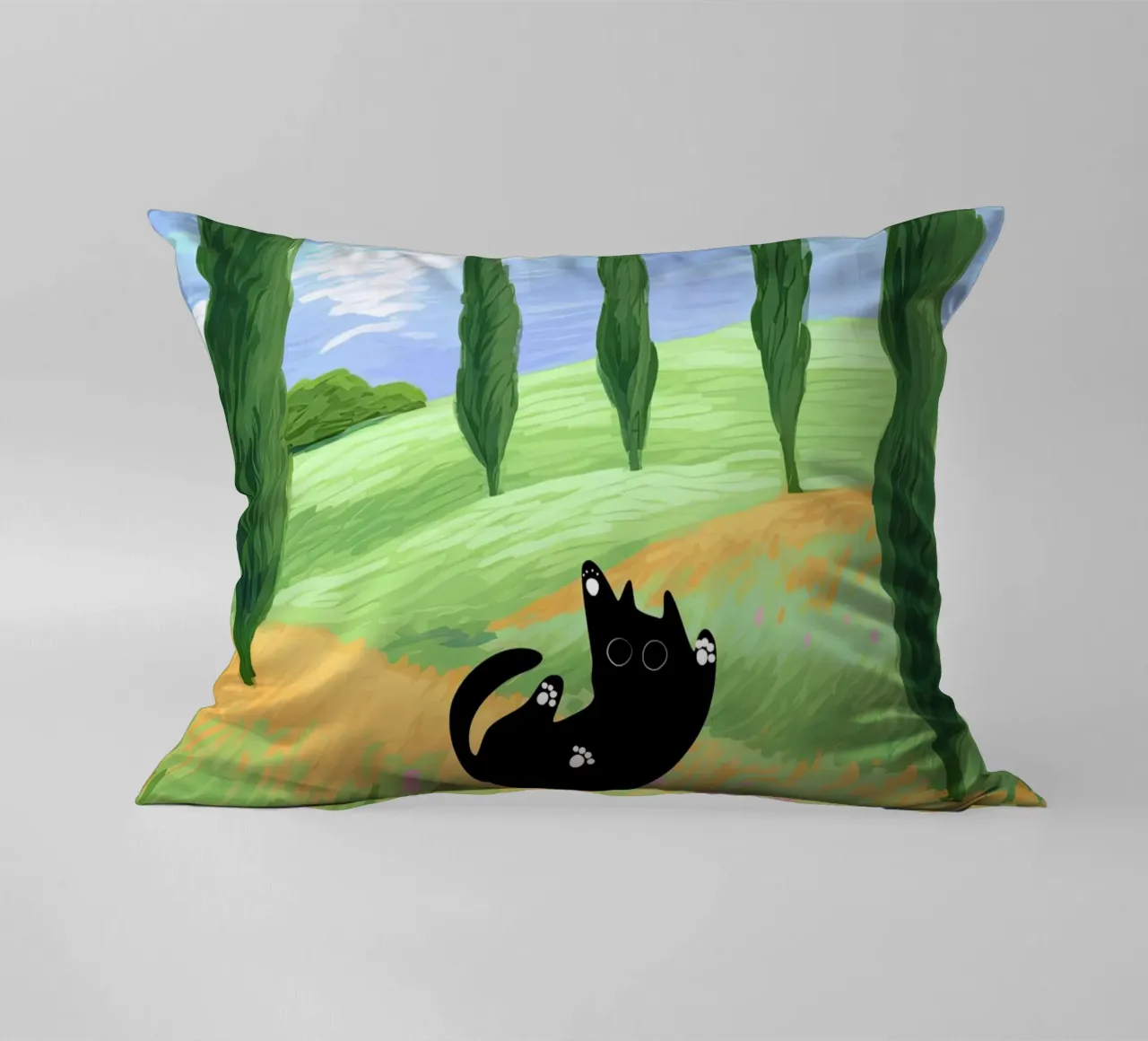Black Cat in a Wheat Field with Cypresses - Van Gogh Style decorative cushion by Peaches Art Prints