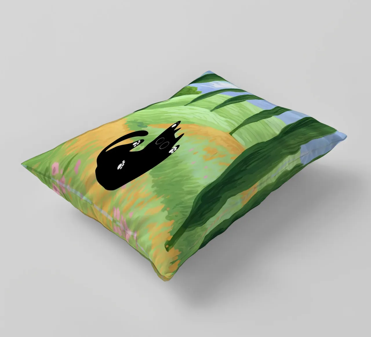 Black Cat in a Wheat Field with Cypresses - Van Gogh Style decorative cushion by Peaches Art Prints