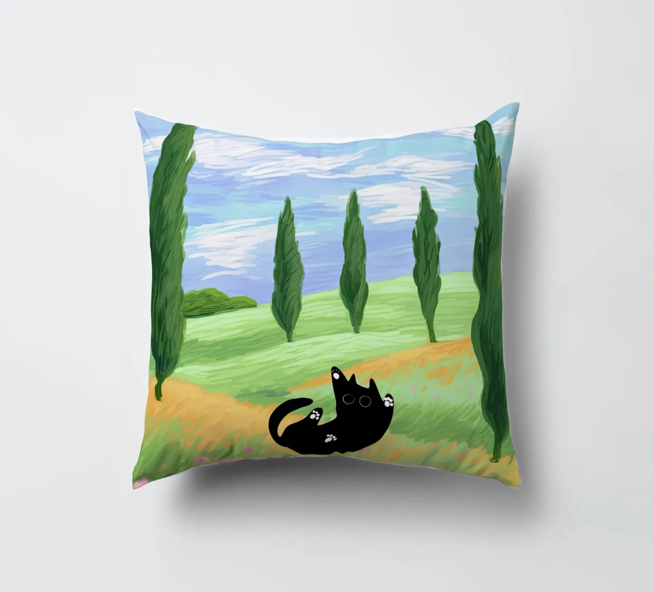 Black Cat in a Wheat Field with Cypresses - Van Gogh Style decorative cushion by Peaches Art Prints