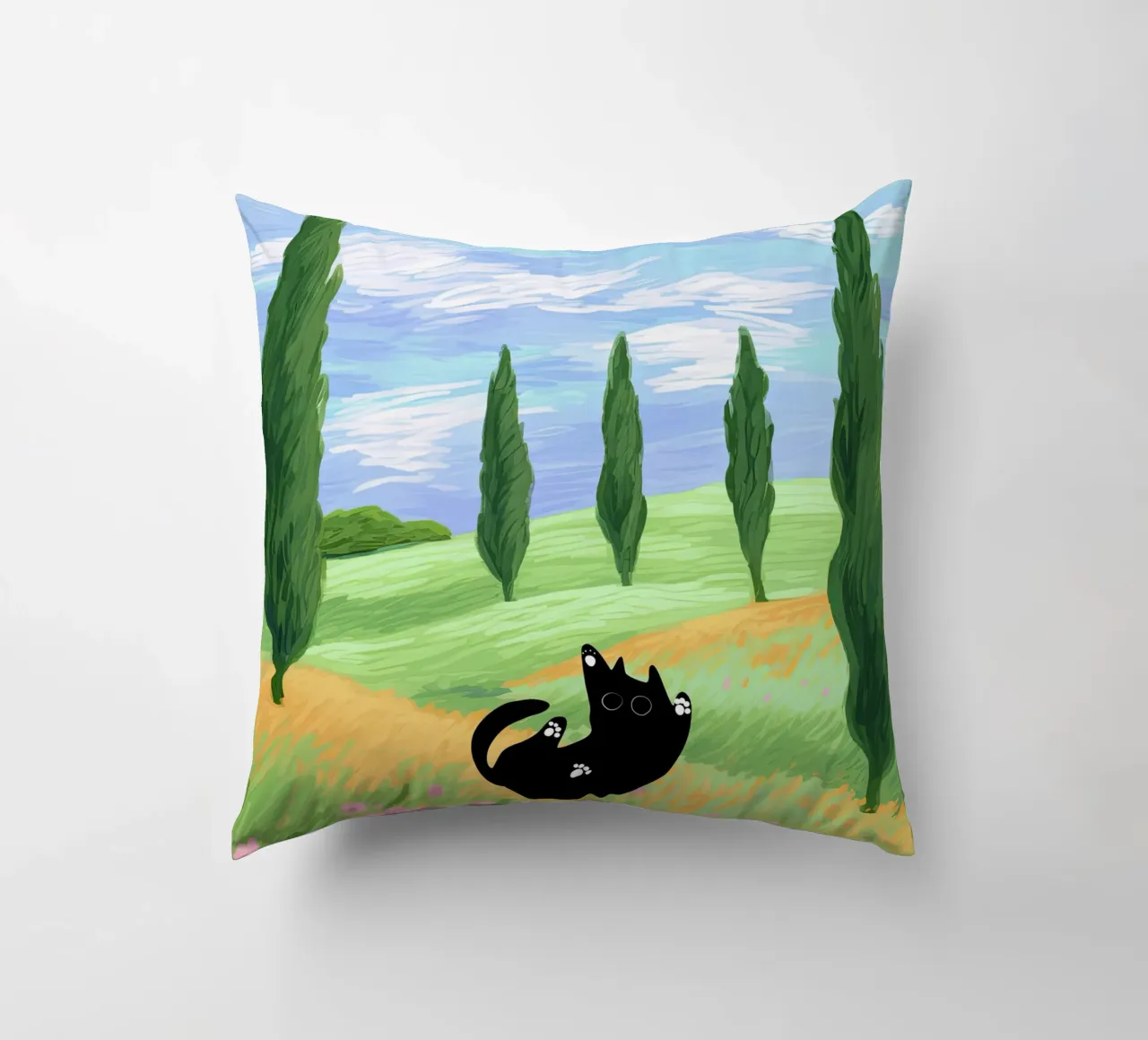 Black Cat in a Wheat Field with Cypresses - Van Gogh Style decorative cushion by Peaches Art Prints