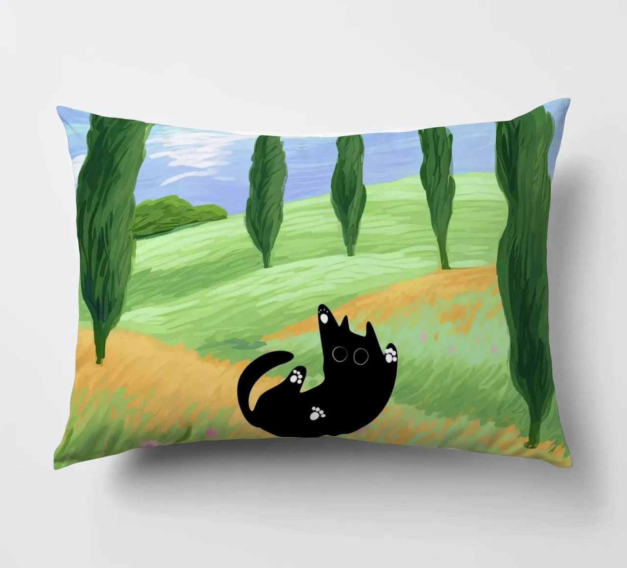 Black Cat in a Wheat Field with Cypresses - Van Gogh Style decorative cushion by Peaches Art Prints