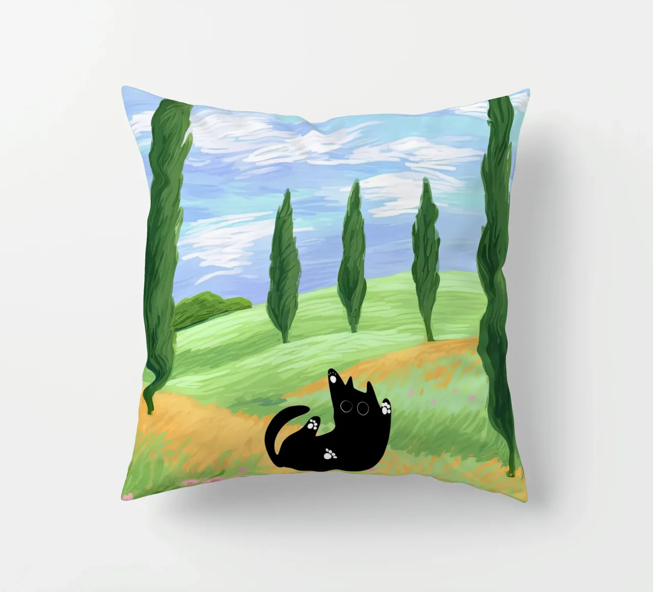 Black Cat in a Wheat Field with Cypresses - Van Gogh Style decorative cushion by Peaches Art Prints