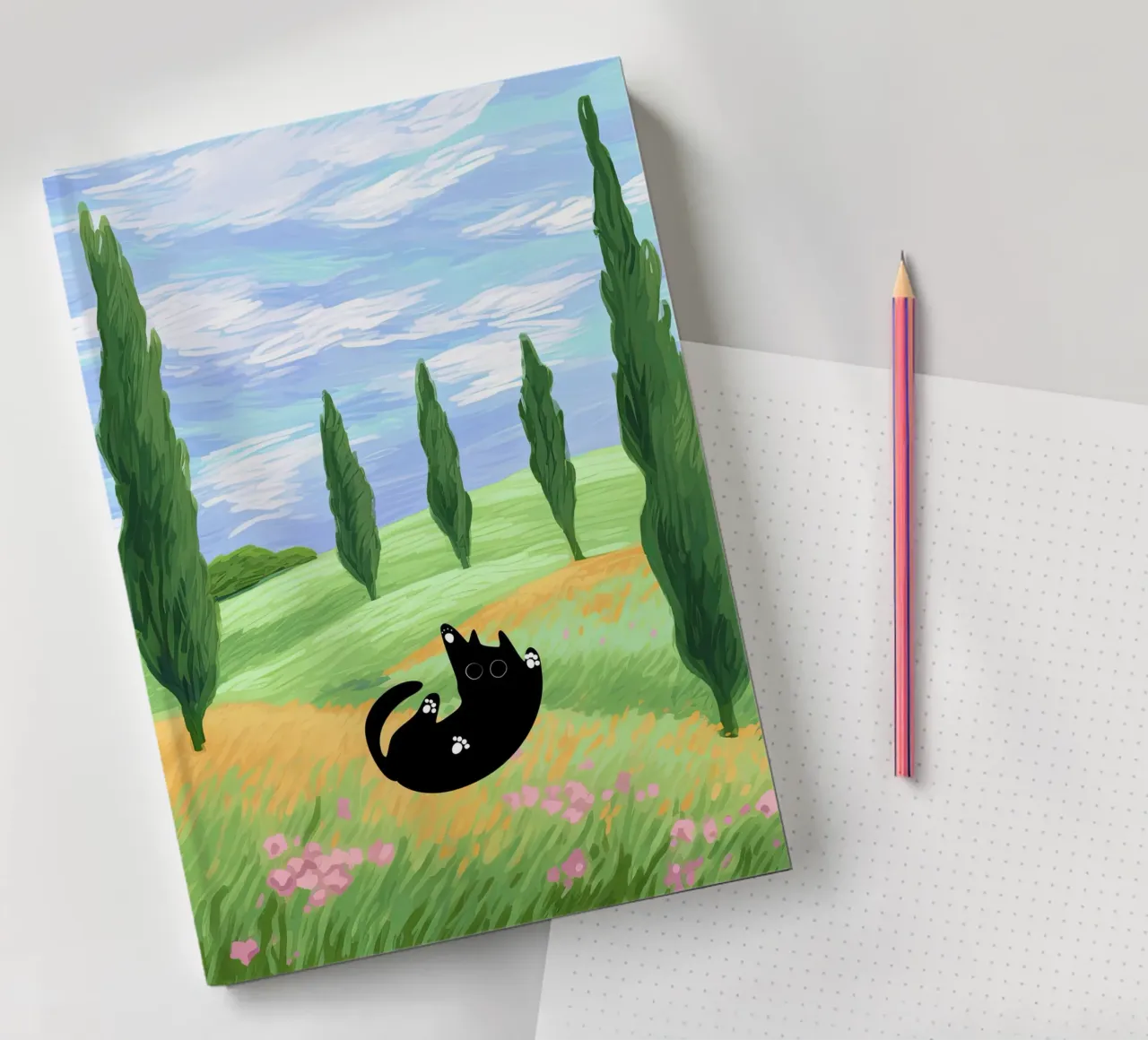 Black Cat in a Wheat Field with Cypresses - Van Gogh Style notebook by Peaches Art Prints