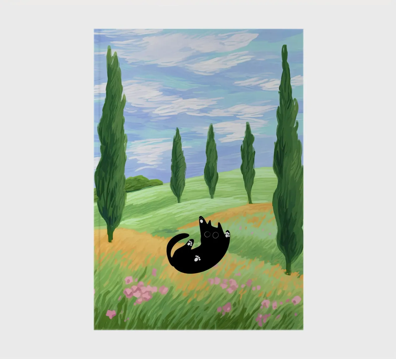 Black Cat in a Wheat Field with Cypresses - Van Gogh Style notebook by Peaches Art Prints