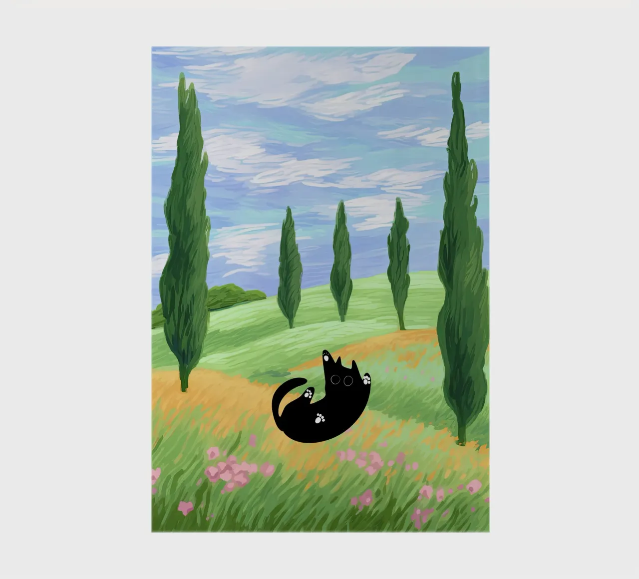 Black Cat in a Wheat Field with Cypresses - Van Gogh Style notebook by Peaches Art Prints
