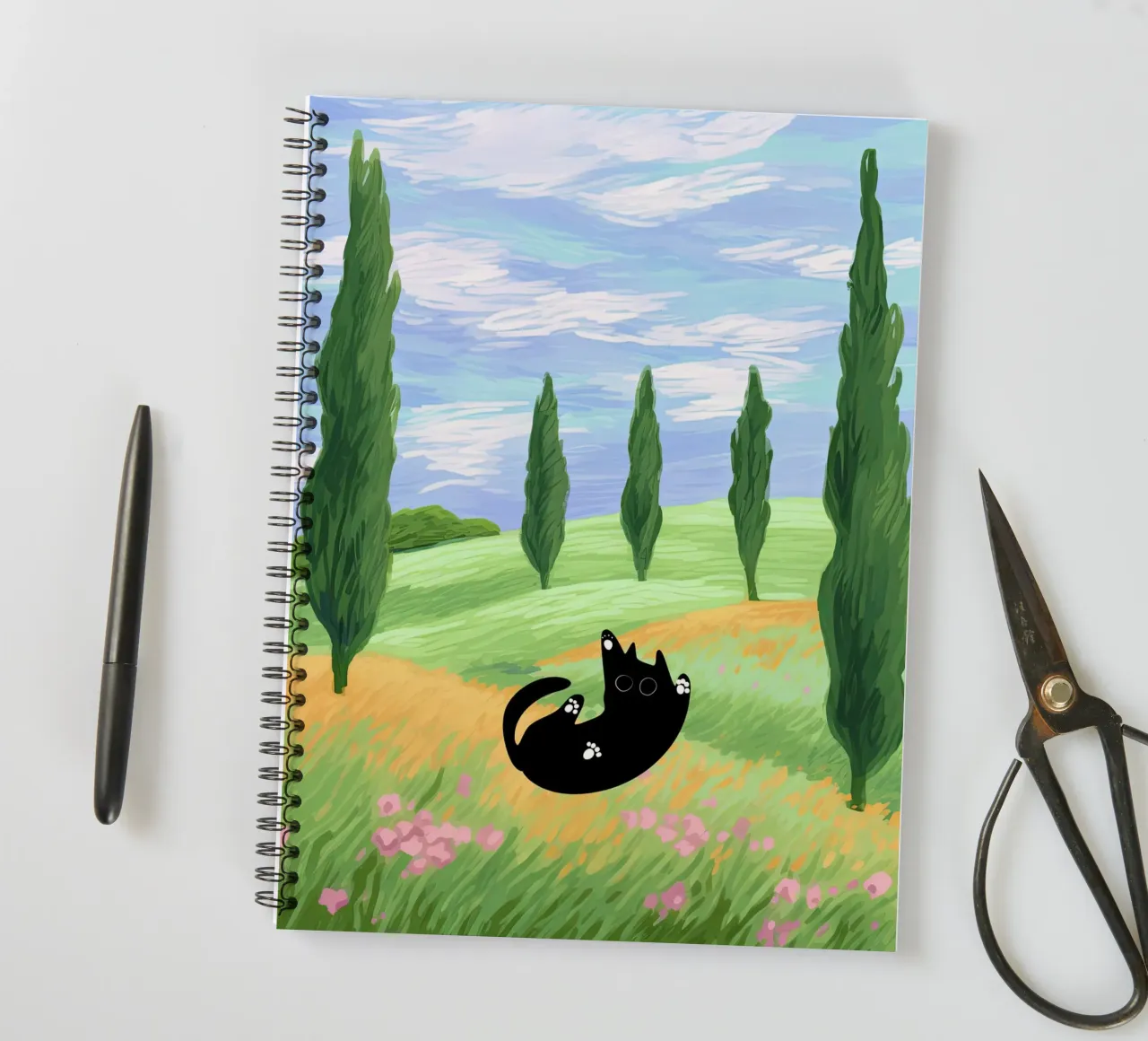 Black Cat in a Wheat Field with Cypresses - Van Gogh Style spiral notebook by Peaches Art Prints