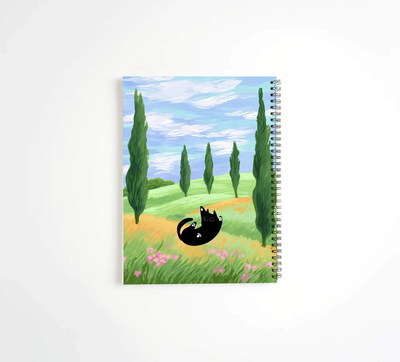 Black Cat in a Wheat Field with Cypresses - Van Gogh Style spiral notebook by Peaches Art Prints