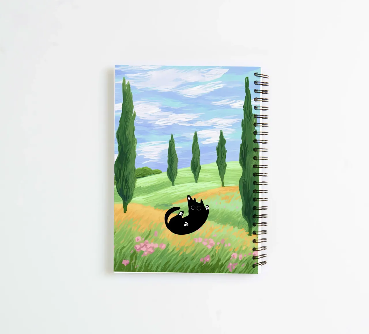Black Cat in a Wheat Field with Cypresses - Van Gogh Style spiral notebook by Peaches Art Prints