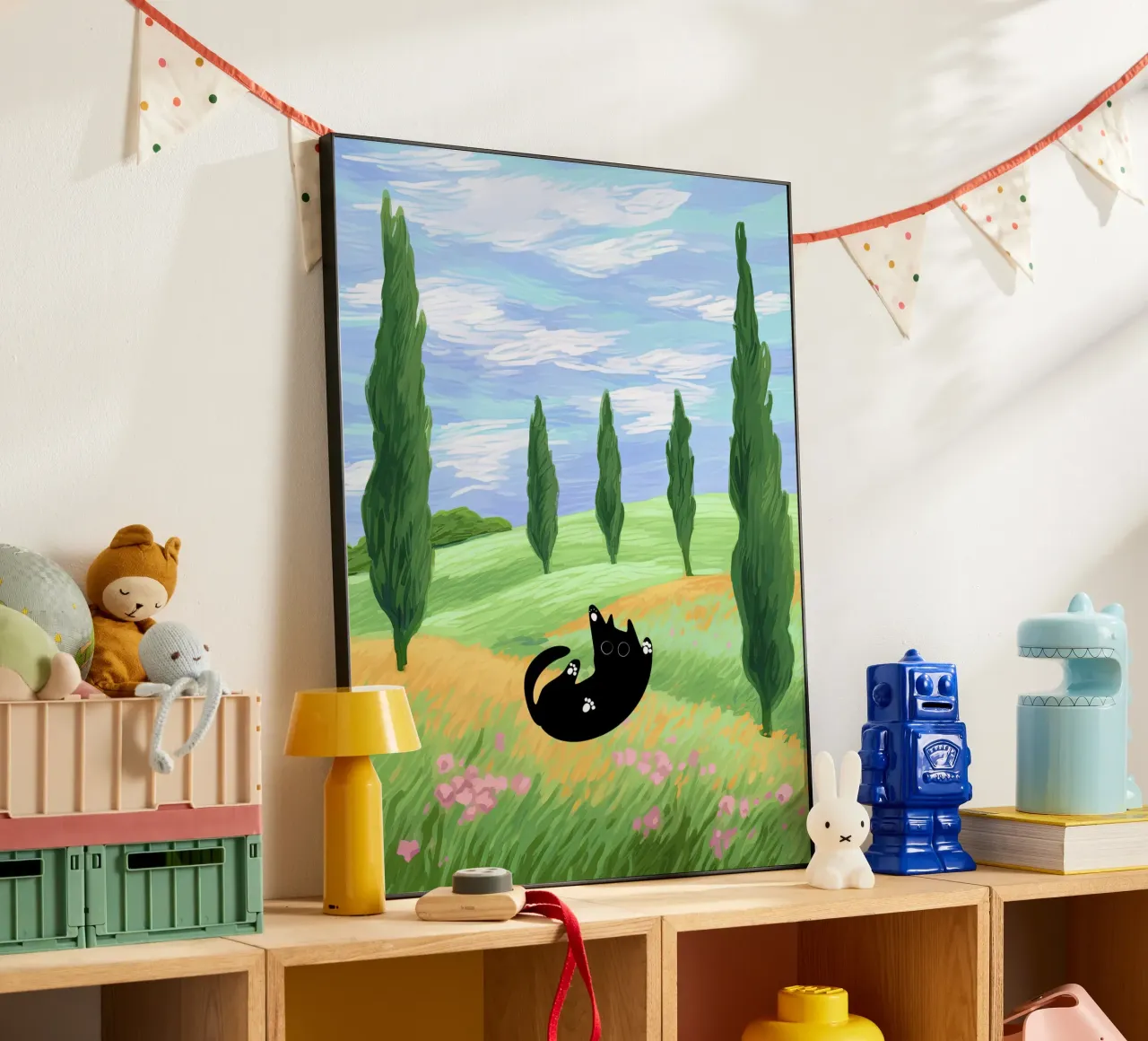 Black Cat in a Wheat Field with Cypresses - Van Gogh Style alu-dibond by Peaches Art Prints