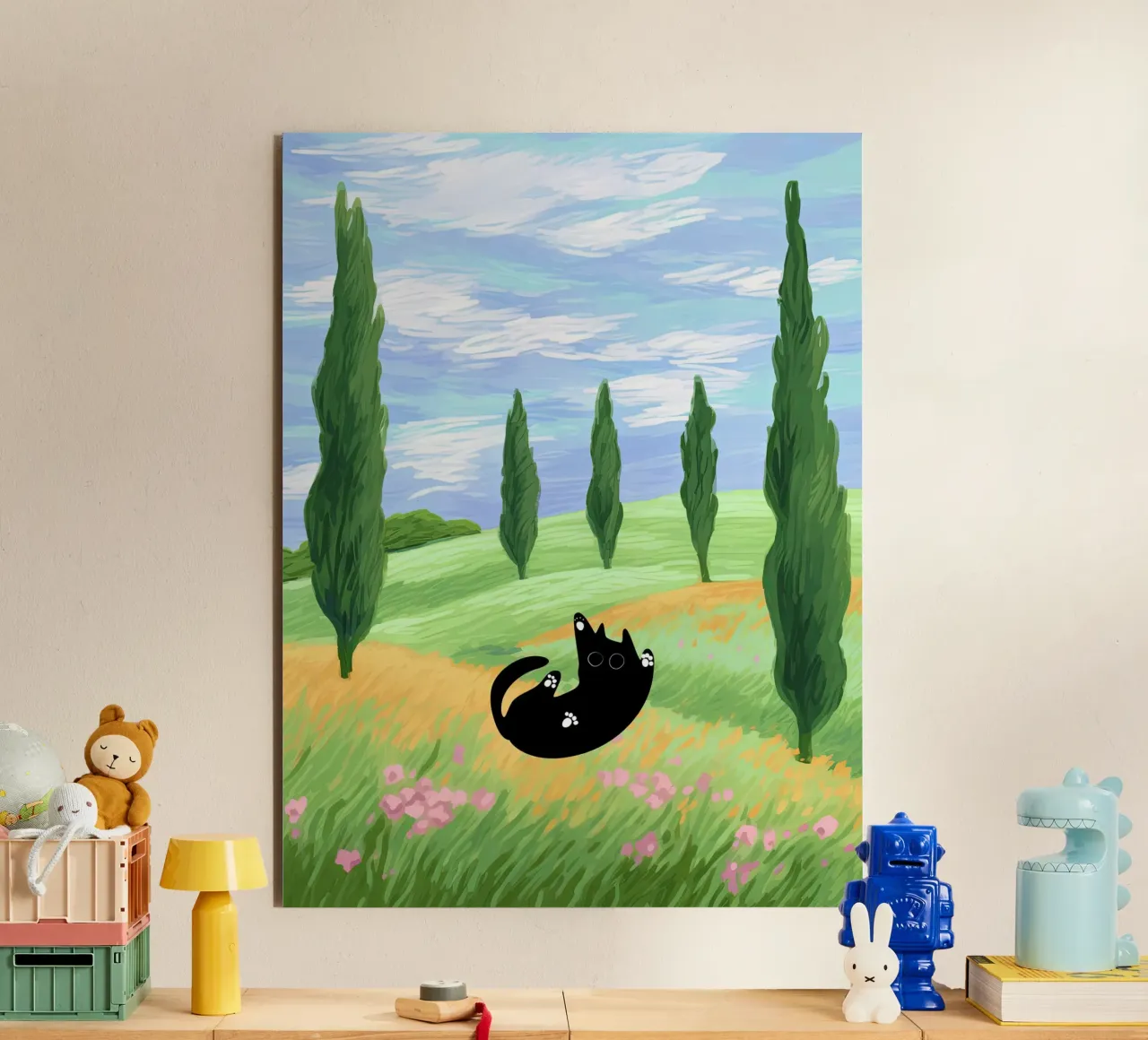 Black Cat in a Wheat Field with Cypresses - Van Gogh Style alu-dibond by Peaches Art Prints