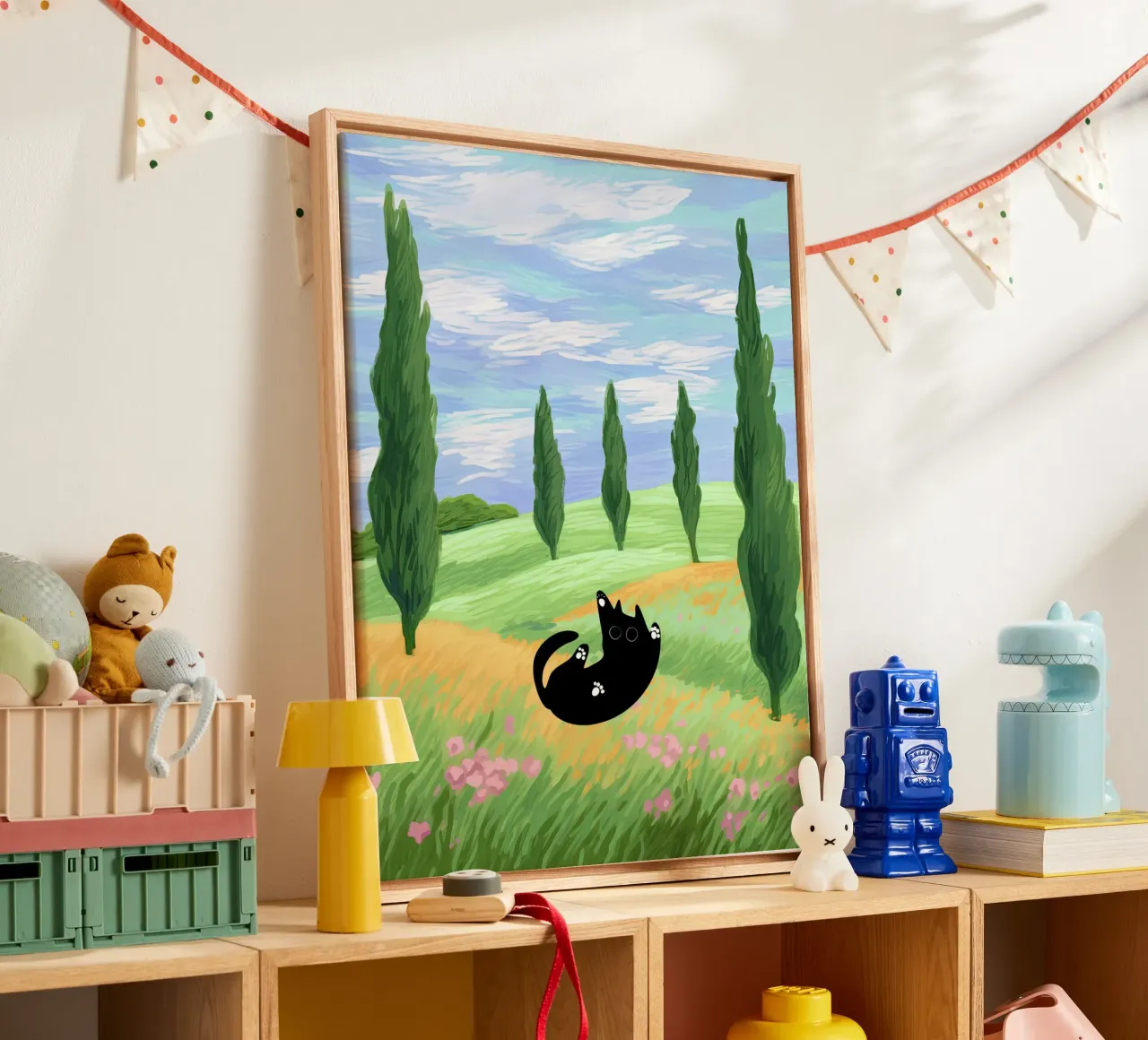 Black Cat in a Wheat Field with Cypresses - Van Gogh Style canvas by Peaches Art Prints