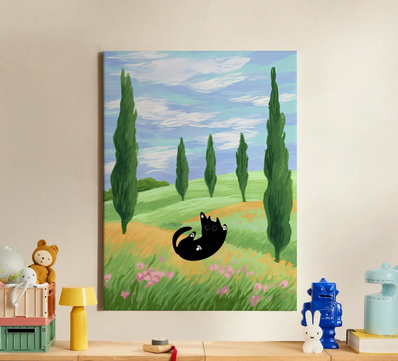 Black Cat in a Wheat Field with Cypresses - Van Gogh Style canvas by Peaches Art Prints