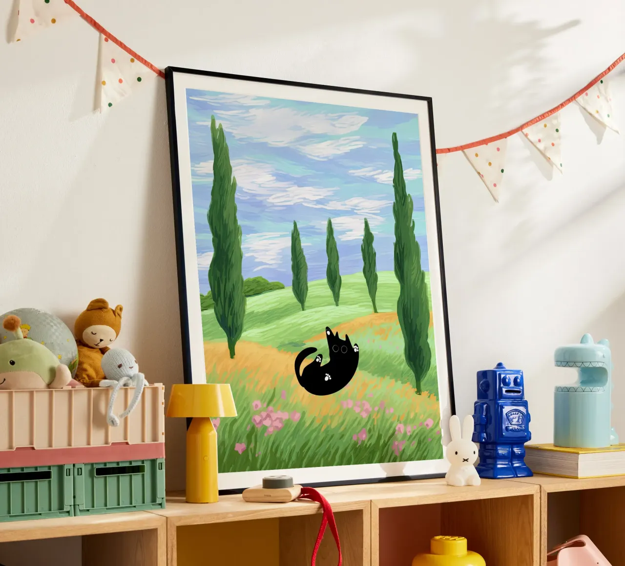 Black Cat in a Wheat Field with Cypresses - Van Gogh Style hahnemühle by Peaches Art Prints