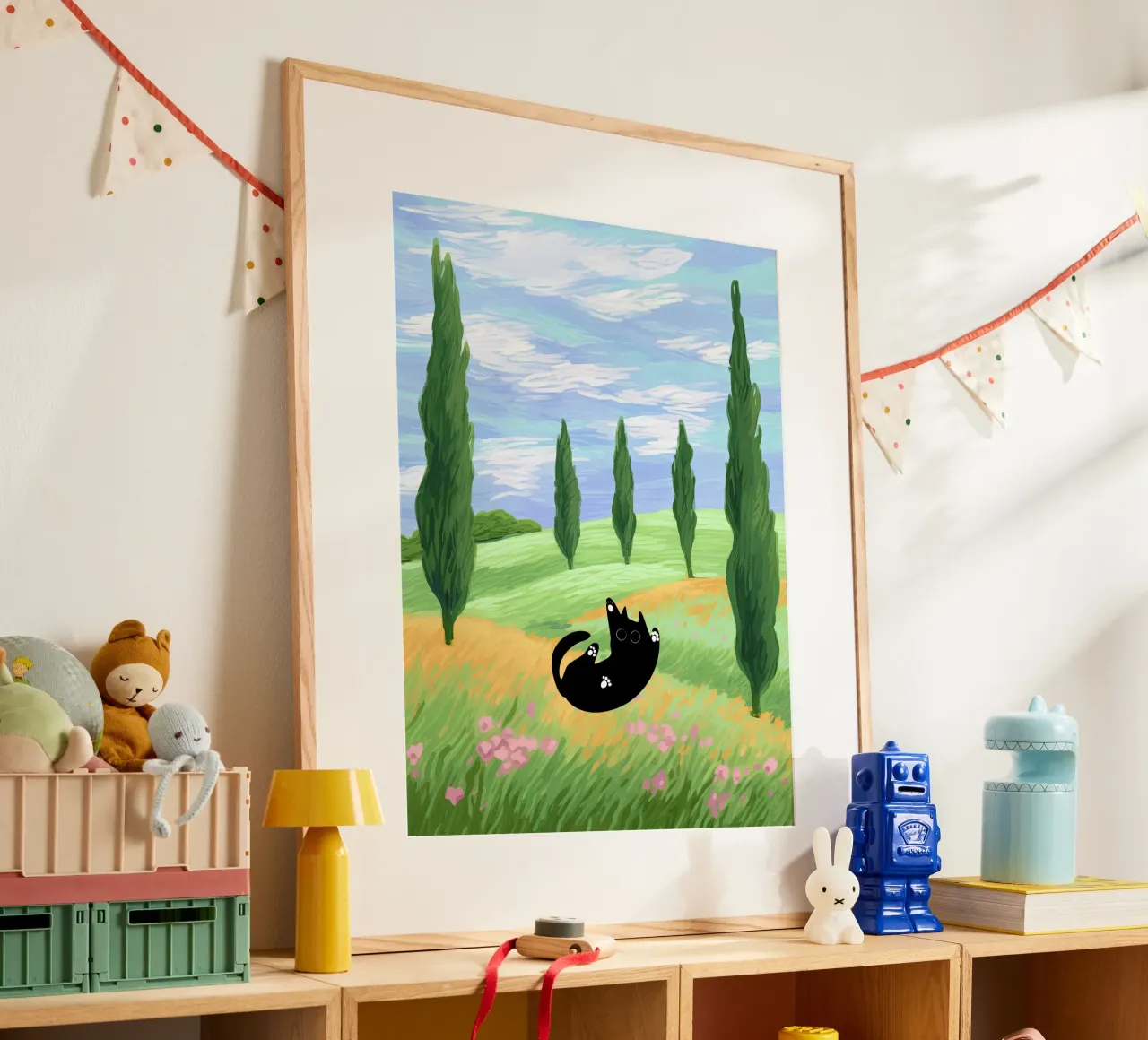 Black Cat in a Wheat Field with Cypresses - Van Gogh Style hahnemühle by Peaches Art Prints