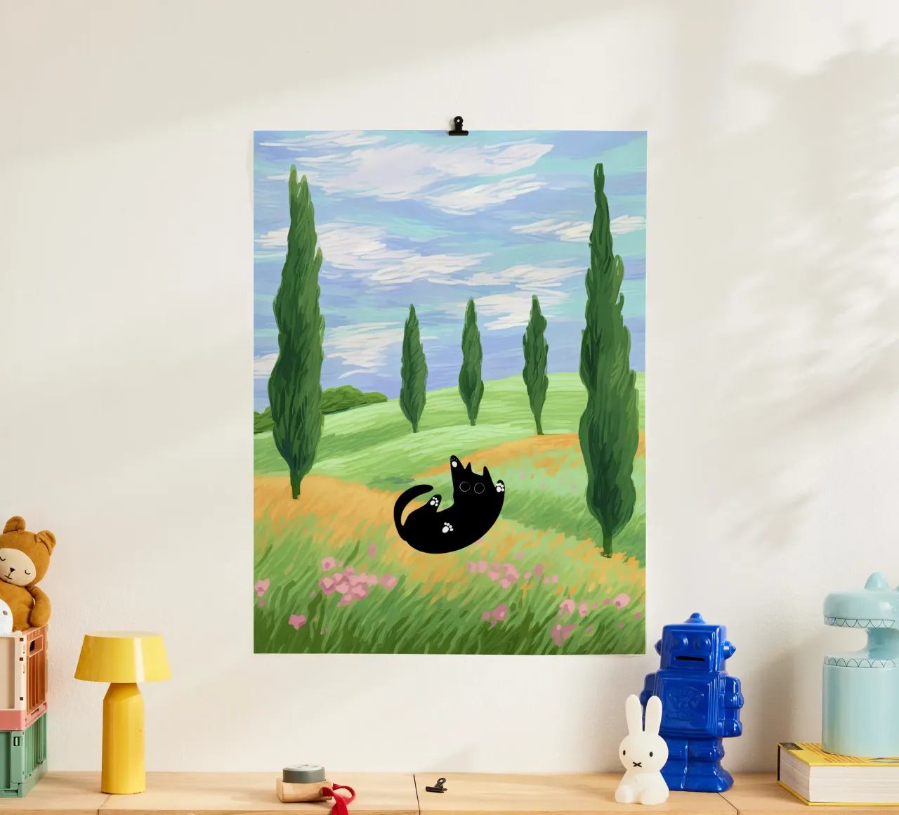 Black Cat in a Wheat Field with Cypresses - Van Gogh Style hahnemühle by Peaches Art Prints