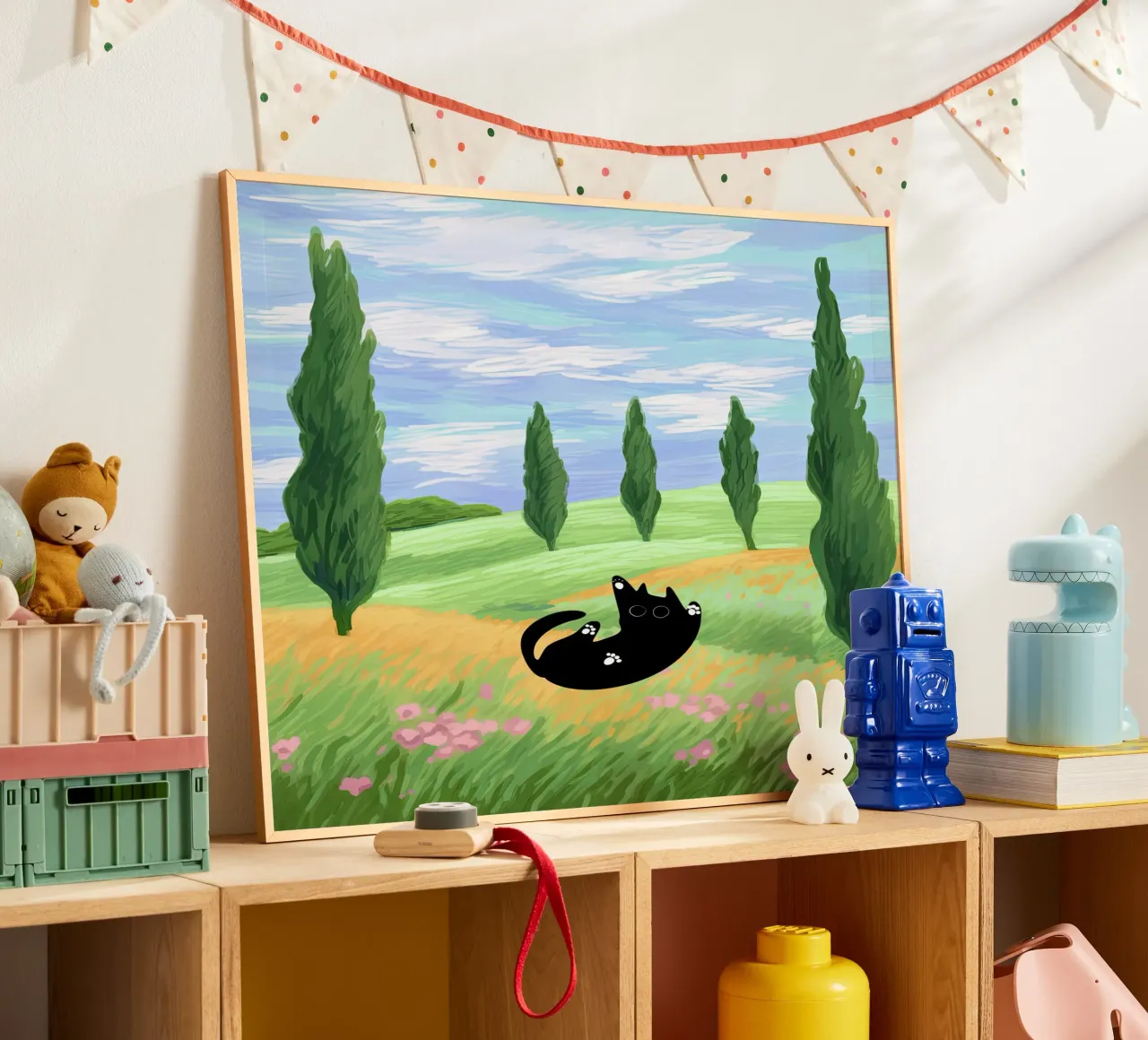 Black Cat in a Wheat Field with Cypresses - Van Gogh Style hahnemühle by Peaches Art Prints