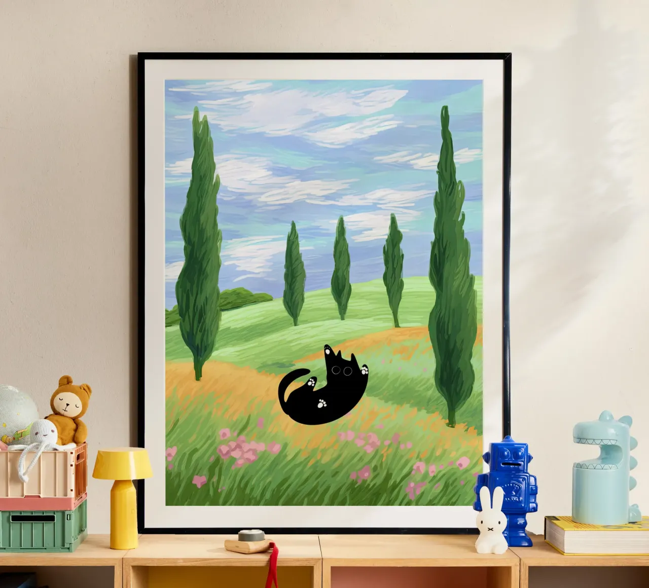 Black Cat in a Wheat Field with Cypresses - Van Gogh Style hahnemühle by Peaches Art Prints