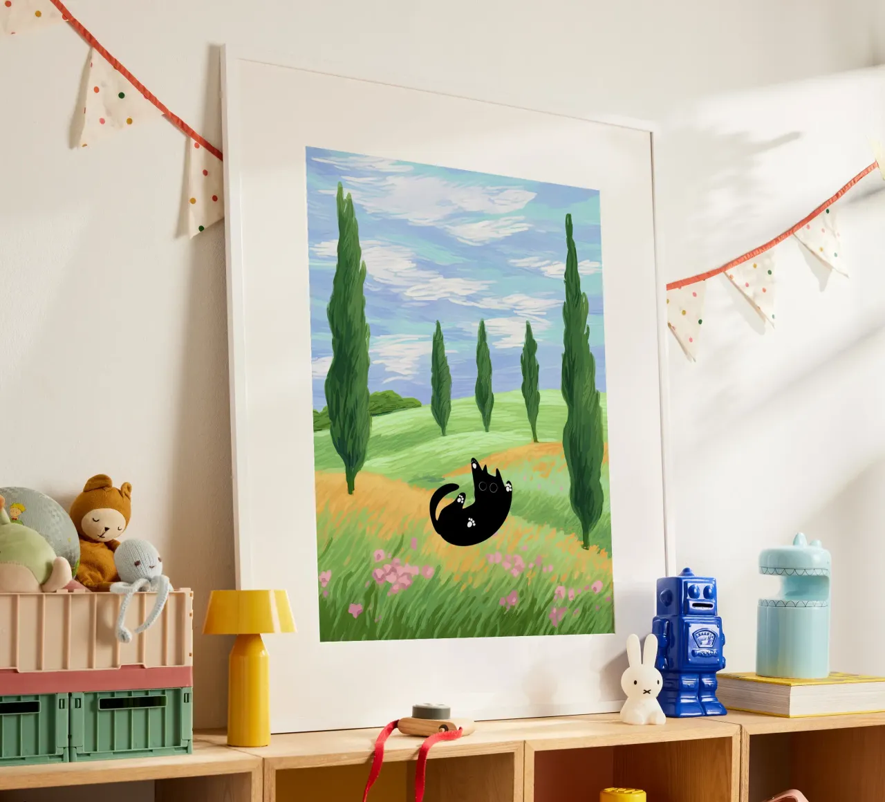 Black Cat in a Wheat Field with Cypresses - Van Gogh Style hahnemühle by Peaches Art Prints