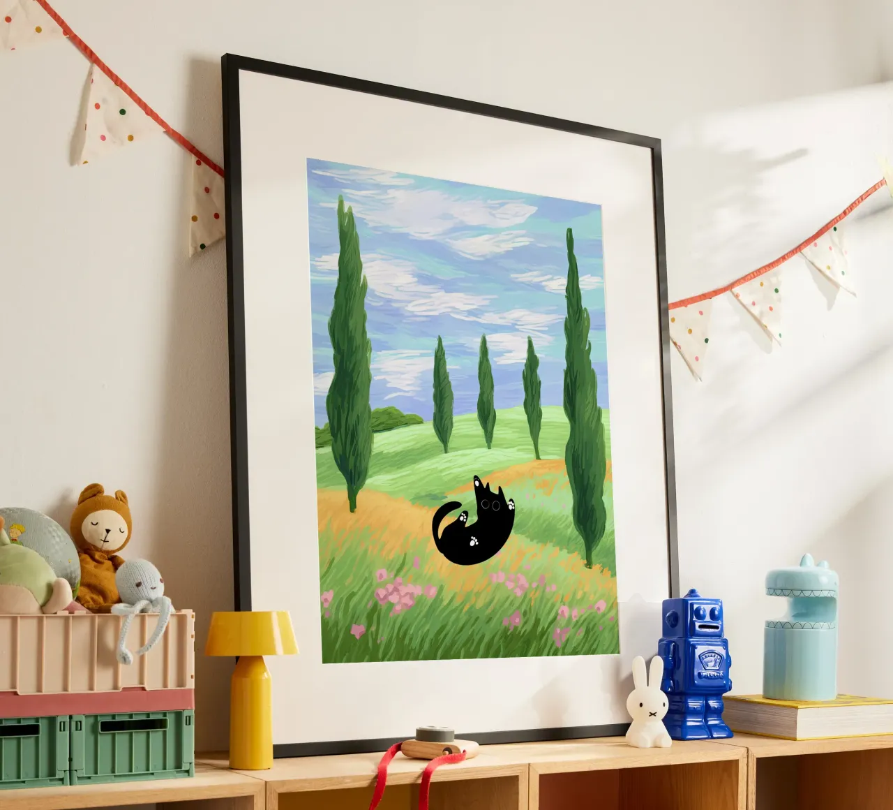 Black Cat in a Wheat Field with Cypresses - Van Gogh Style hahnemühle by Peaches Art Prints