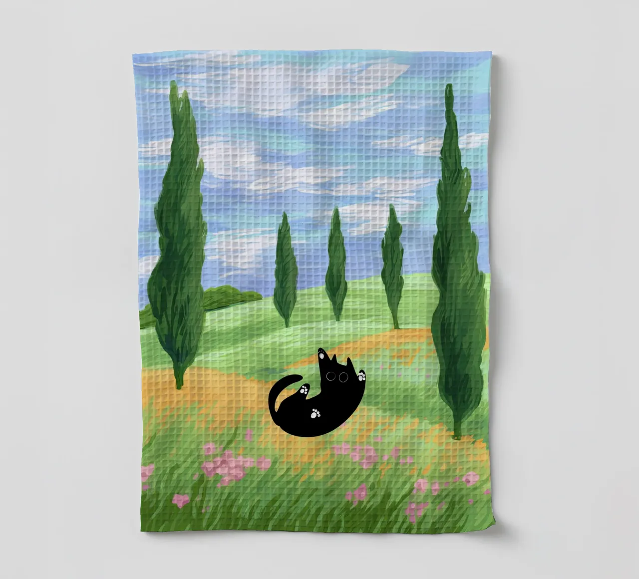 Black Cat in a Wheat Field with Cypresses - Van Gogh Style tea towel by Peaches Art Prints