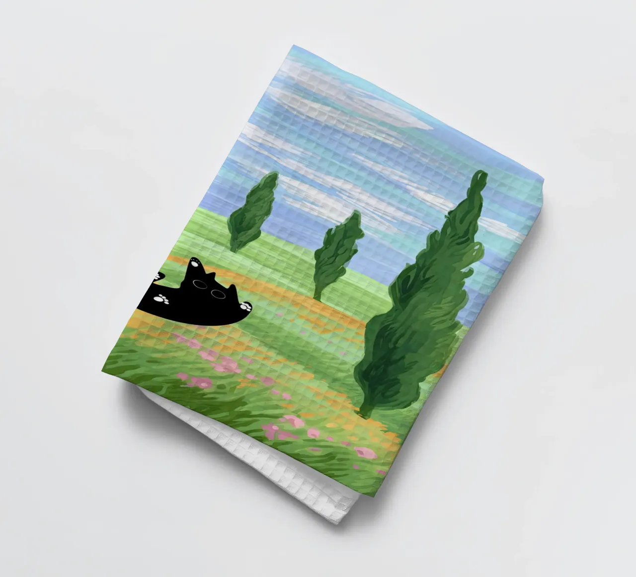 Black Cat in a Wheat Field with Cypresses - Van Gogh Style tea towel by Peaches Art Prints