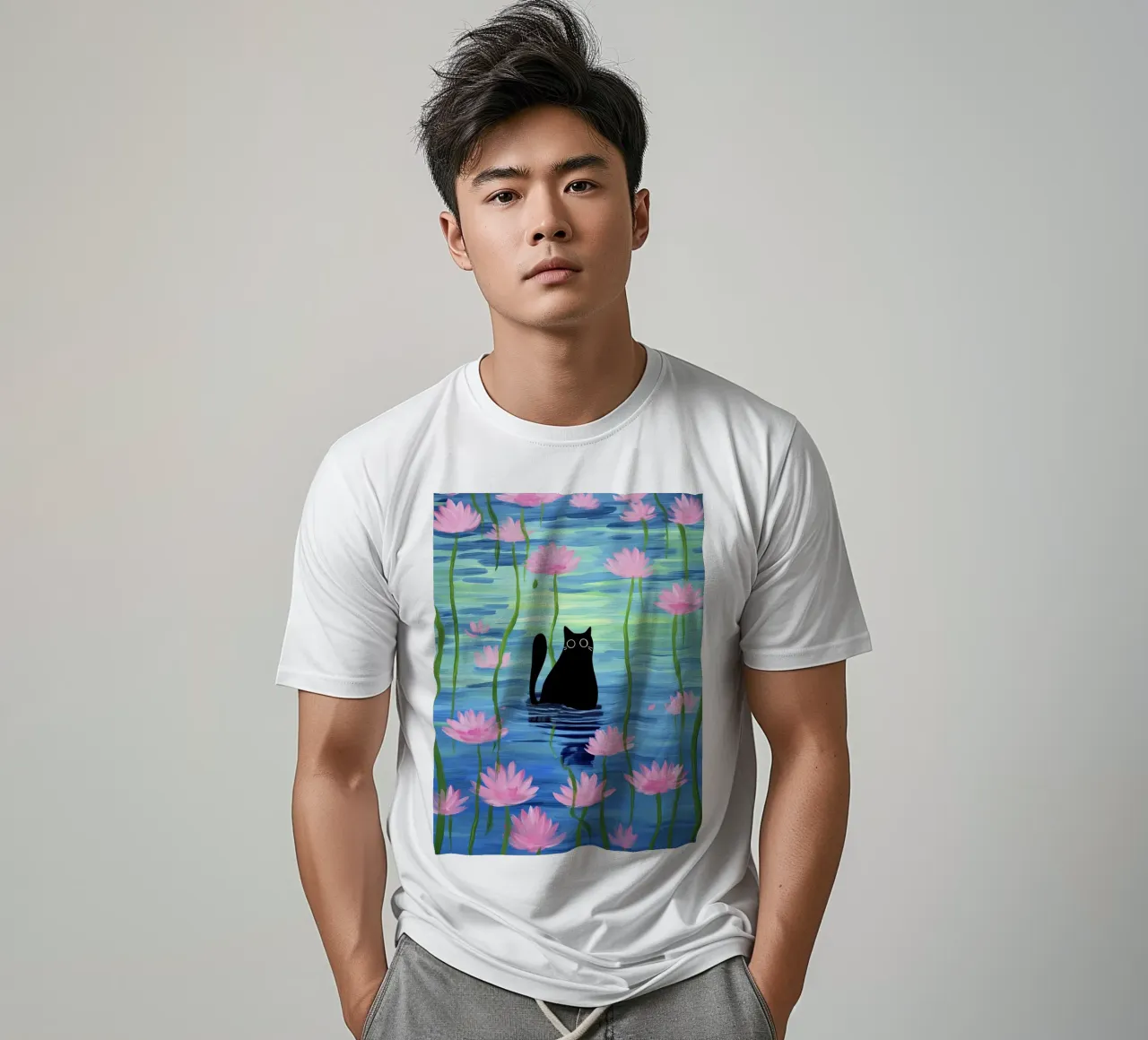 Gatto nero in uno stagno con fiori di loto rosa Illustrazione t-shirt da Peaches Art Prints