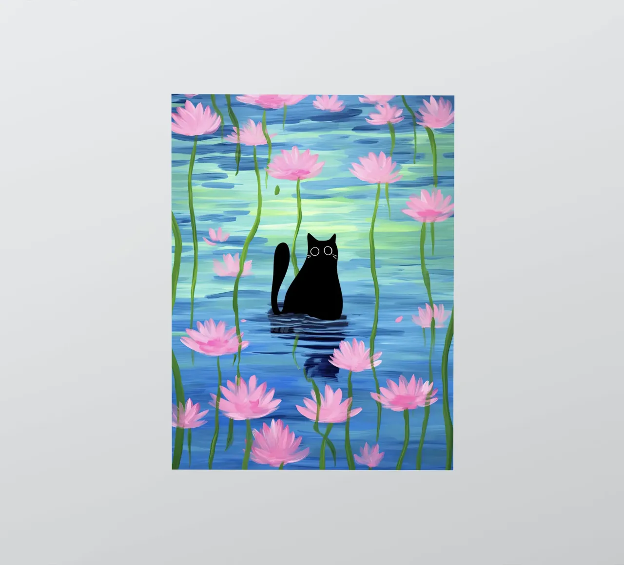 Chat noir dans un étang avec des fleurs de lotus roses Illustration autocollant de Peaches Art Prints