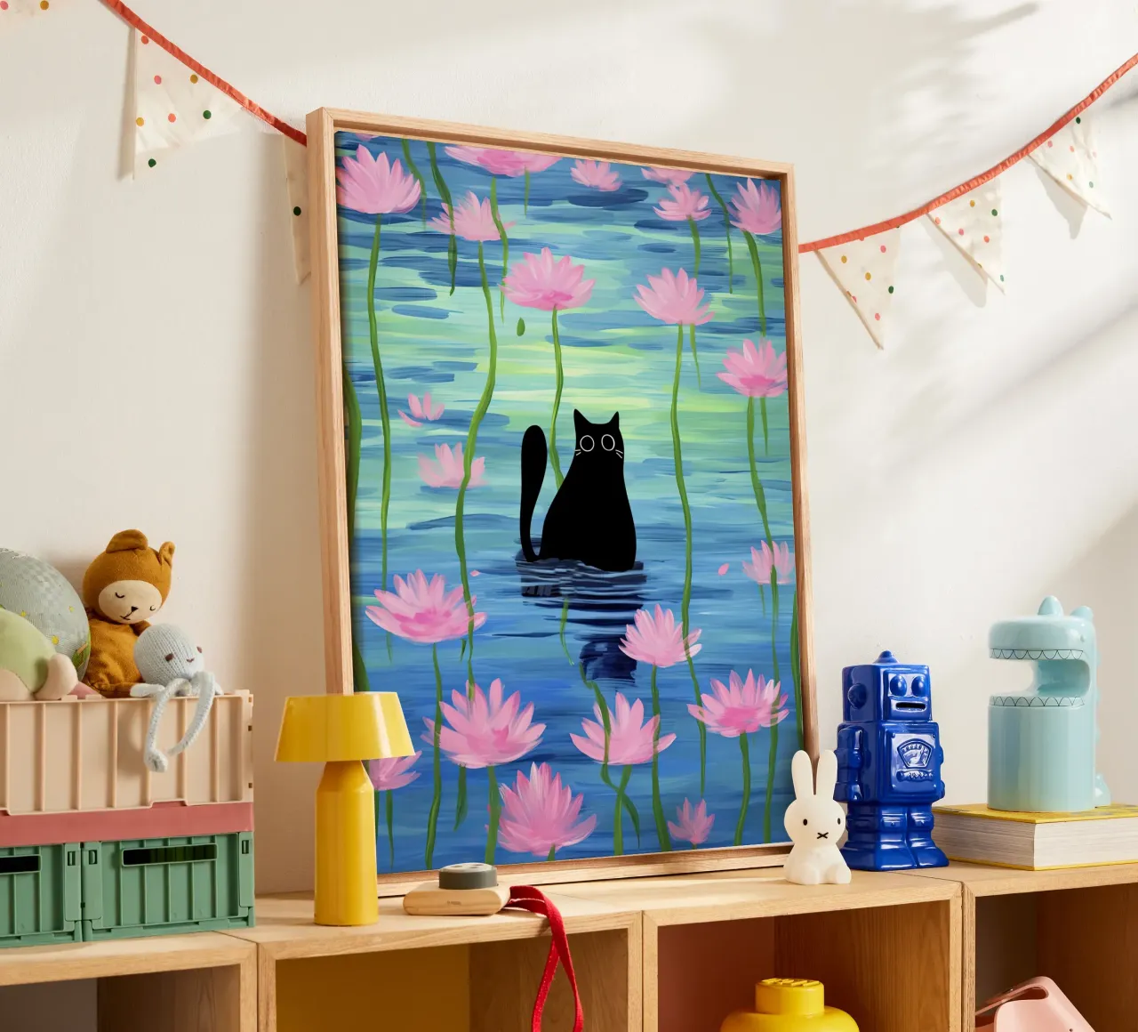 Gatto nero in uno stagno con fiori di loto rosa Illustrazione tela con Cornice a cassetta da Peaches Art Prints