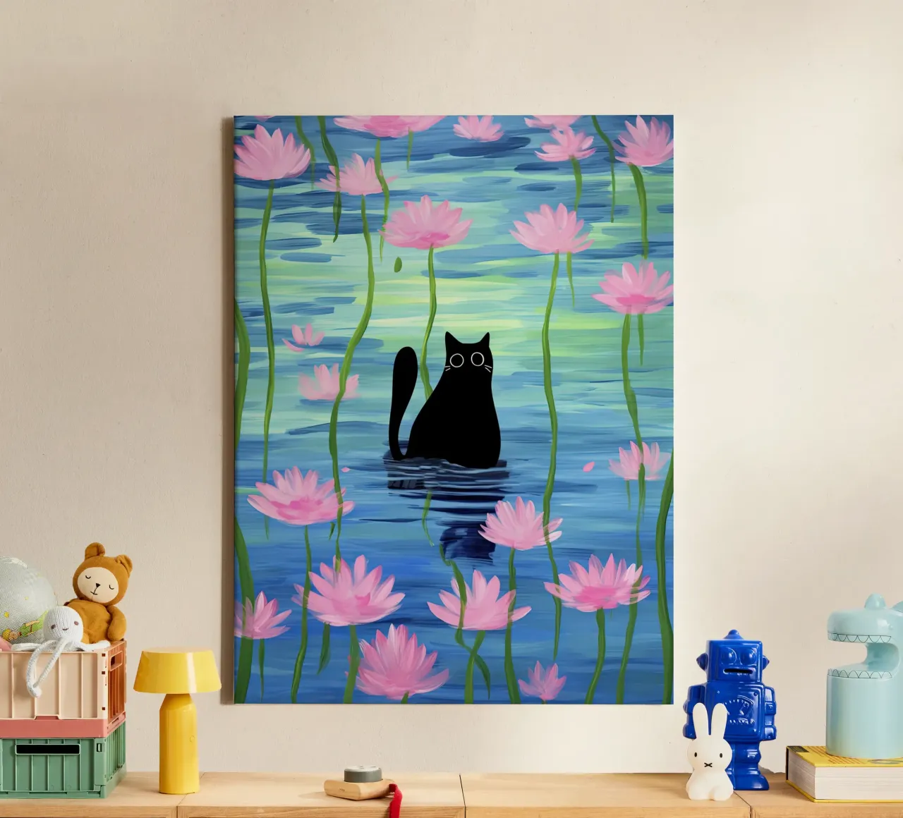Gatto nero in uno stagno con fiori di loto rosa Illustrazione tela con Cornice a cassetta da Peaches Art Prints