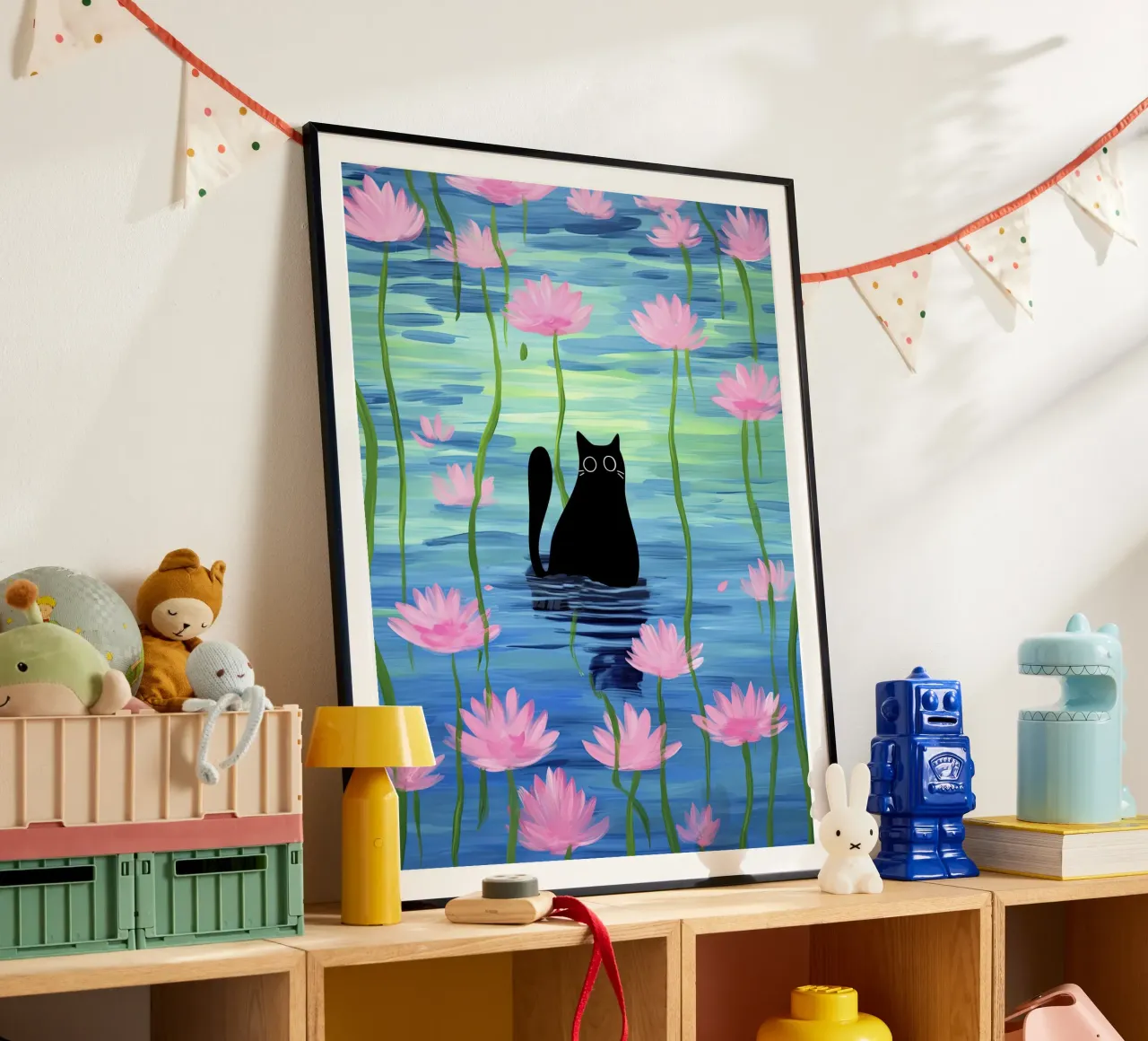Chat noir dans un étang avec des fleurs de lotus roses Illustration hahnemühle de Peaches Art Prints