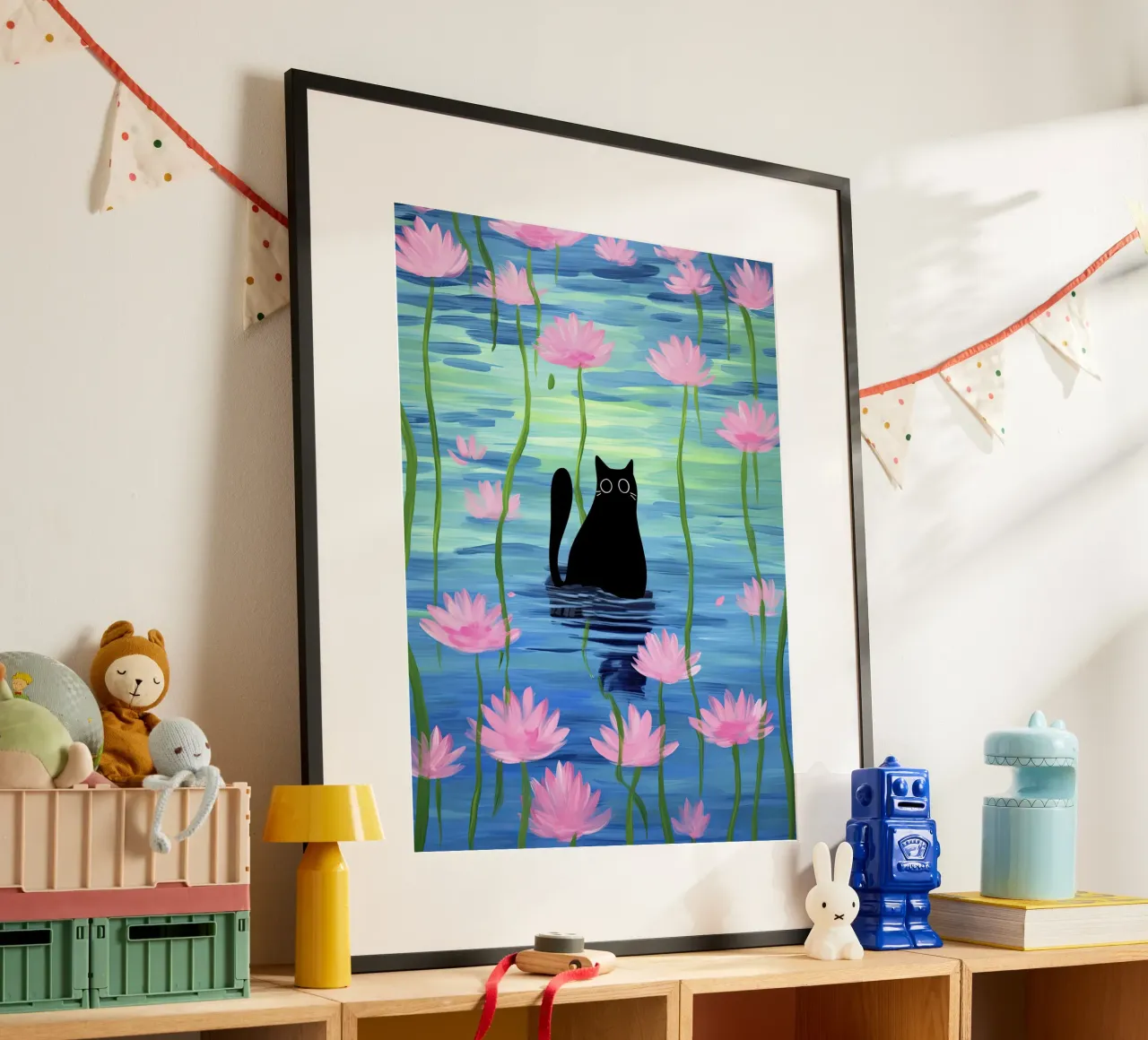 Chat noir dans un étang avec des fleurs de lotus roses Illustration hahnemühle de Peaches Art Prints