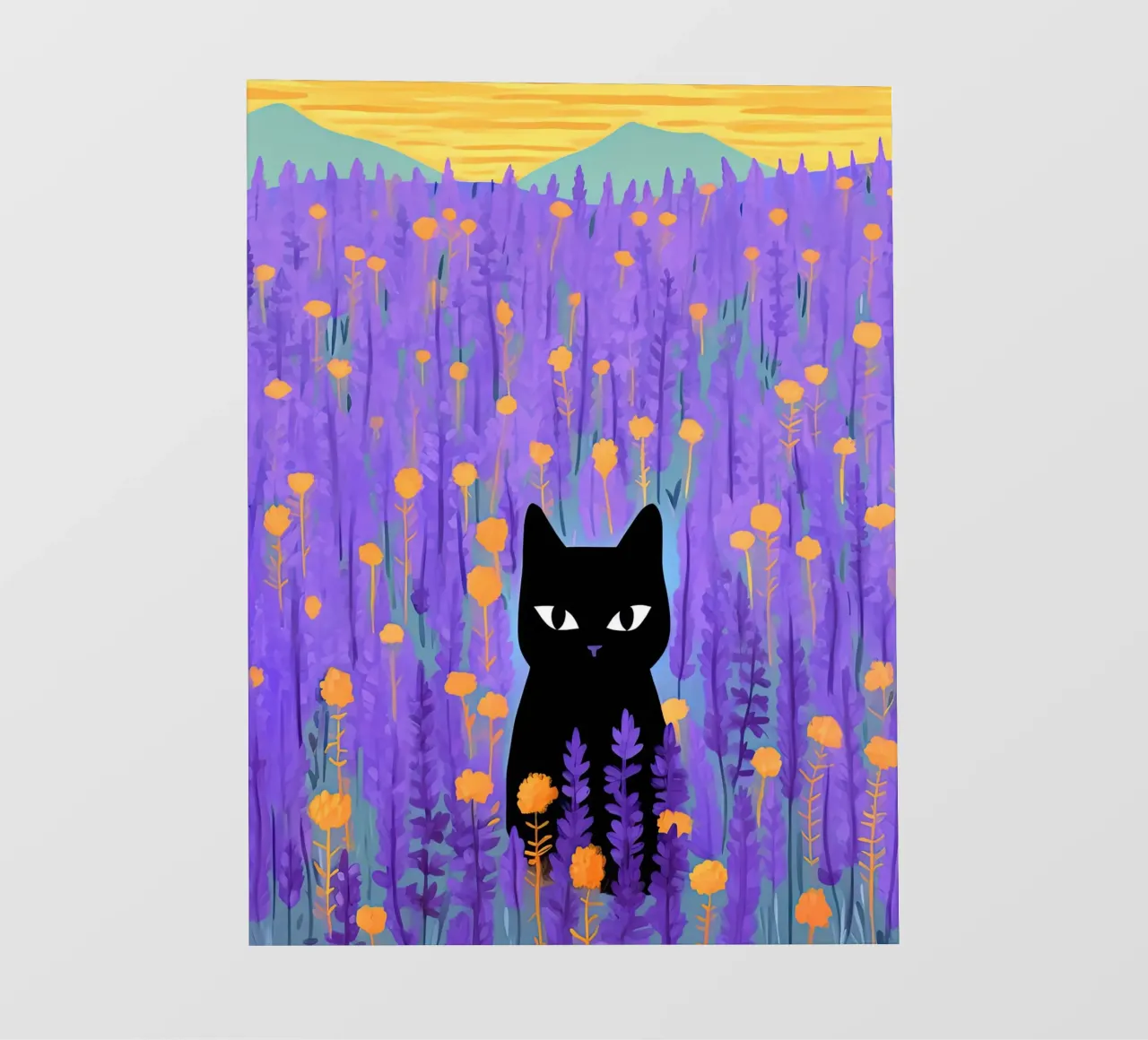 Gatto nero in un campo di lavanda - Illustrazione di fiori pellicola backlit da Peaches Art Prints
