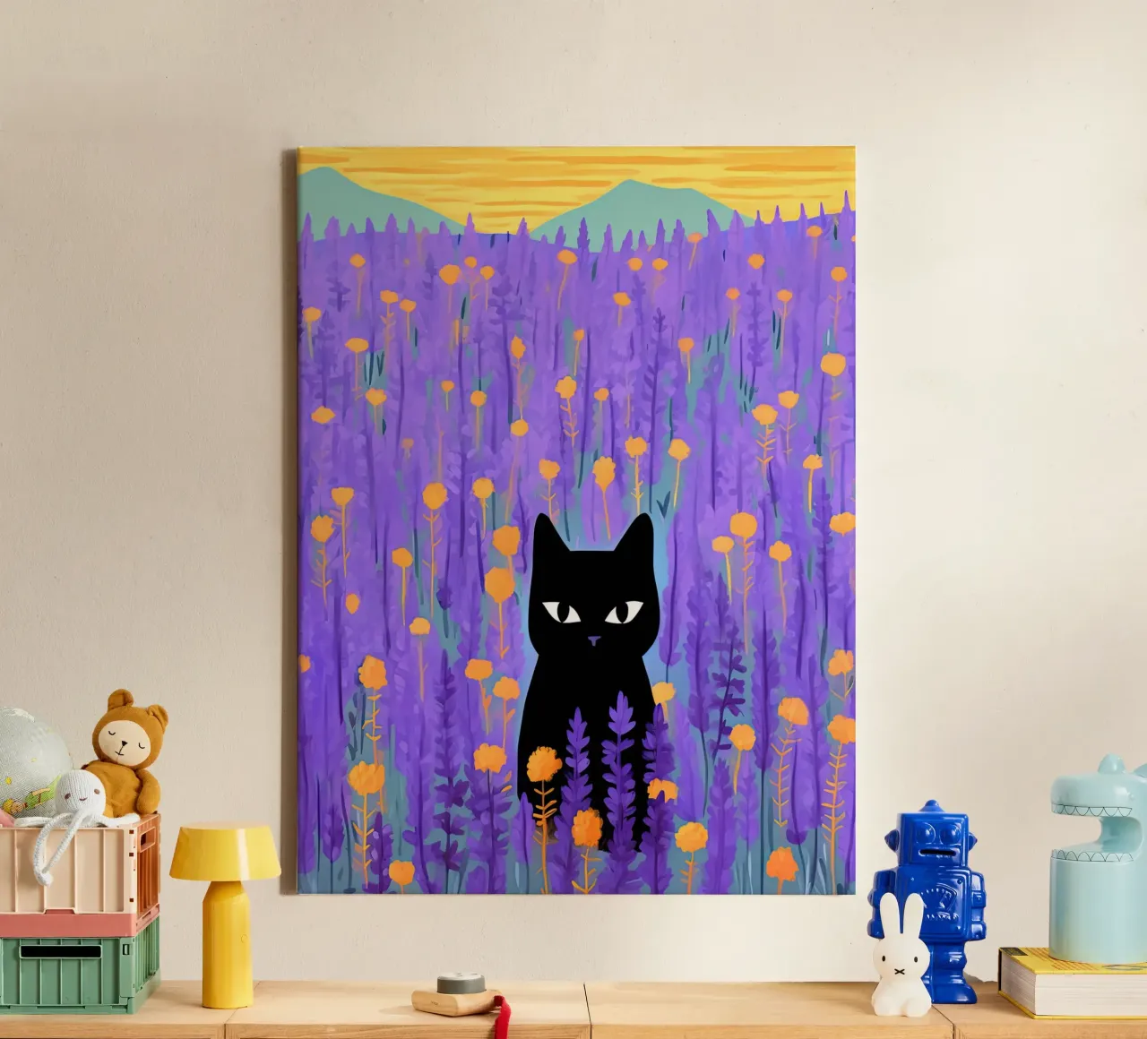 Gatto nero in un campo di lavanda - Illustrazione di fiori tela con Cornice a cassetta da Peaches Art Prints