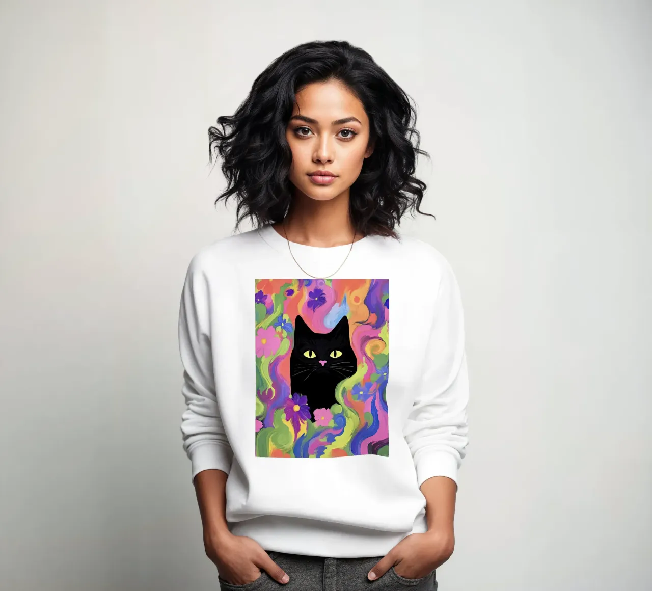 Black Cat Portrait in Colorful Flower Abstract Background sweatshirt by Peaches Art Prints