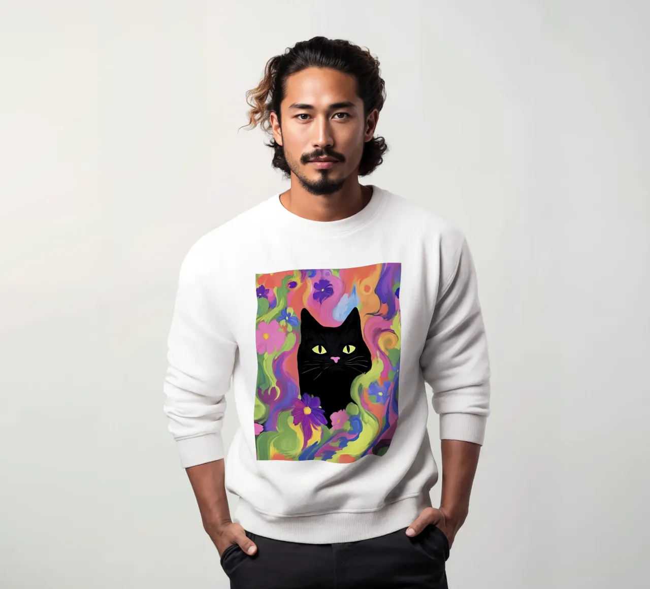 Black Cat Portrait in Colorful Flower Abstract Background sweatshirt by Peaches Art Prints