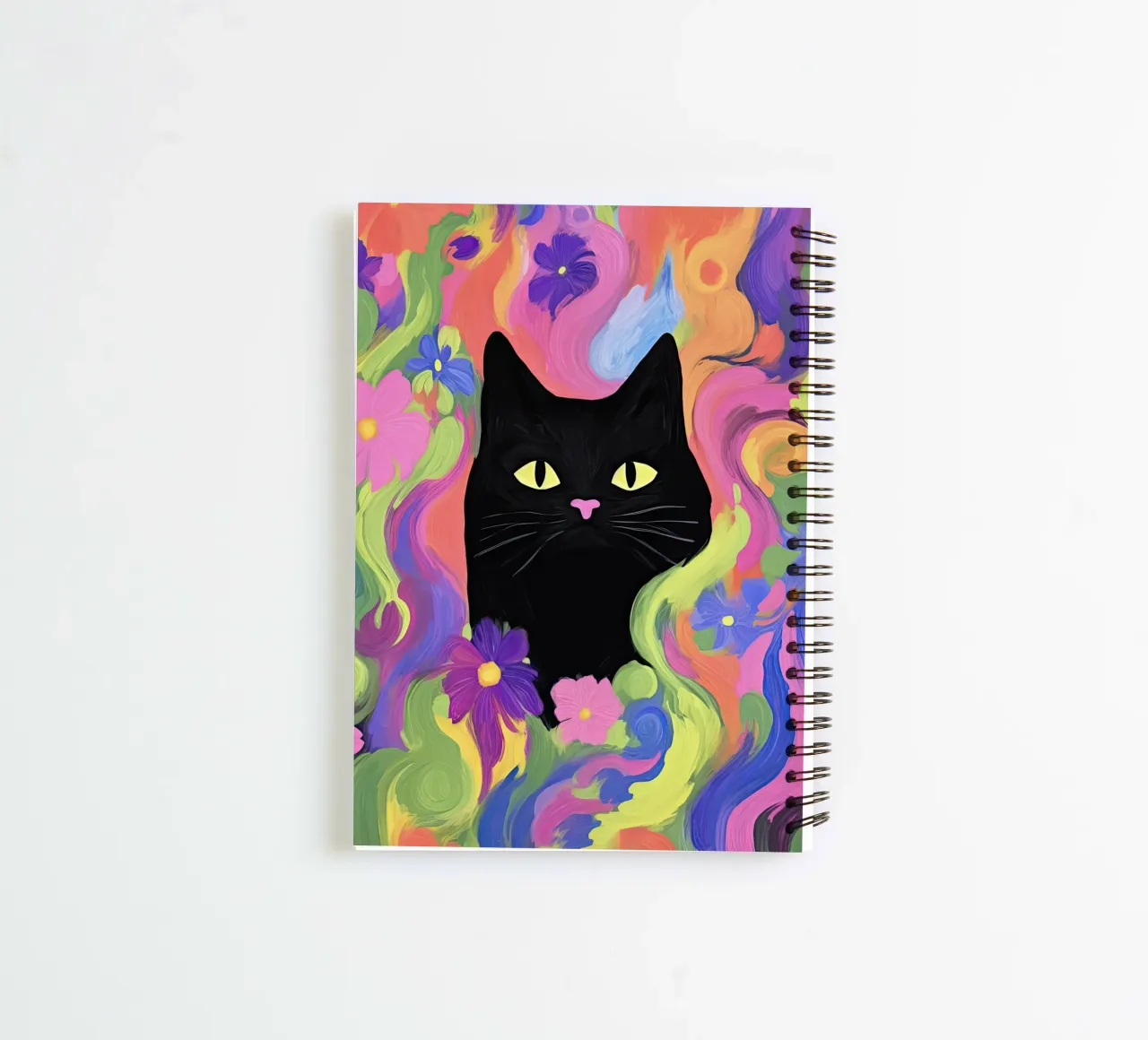 Black Cat Portrait in Colorful Flower Abstract Background spiral notebook by Peaches Art Prints