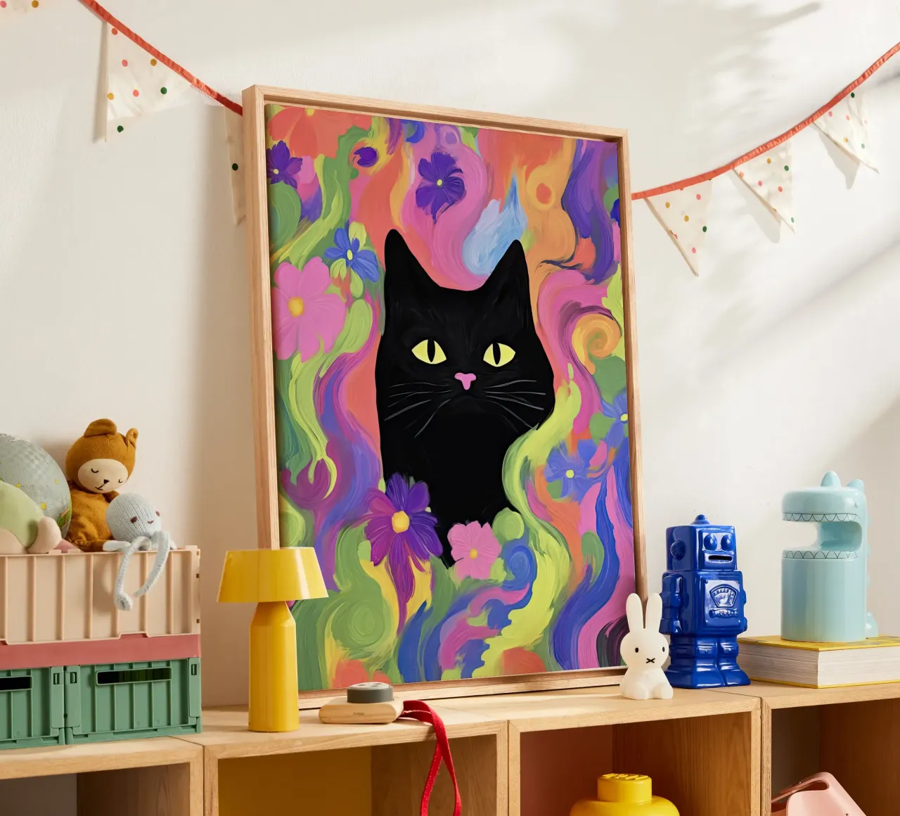 Black Cat Portrait in Colorful Flower Abstract Background canvas by Peaches Art Prints