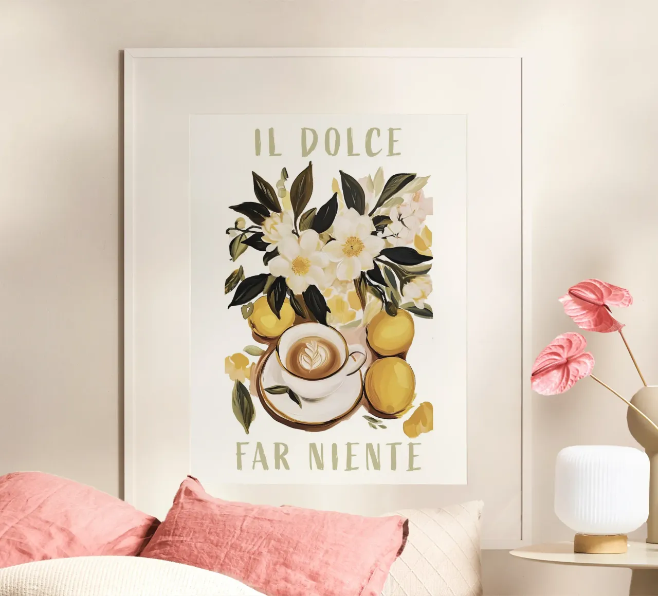 Il Dolce Far Niente, Caffè e Limoni, Viaggio in Italia poster con telaio in legno da Peaches Art Prints