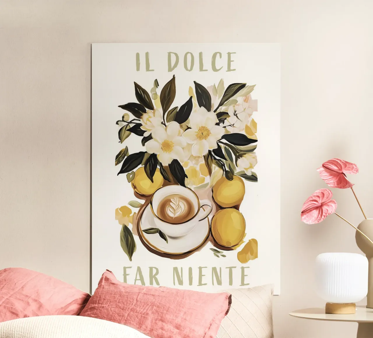 Il Dolce Far Niente, Caffè e Limoni, Viaggio in Italia poster con telaio in legno da Peaches Art Prints