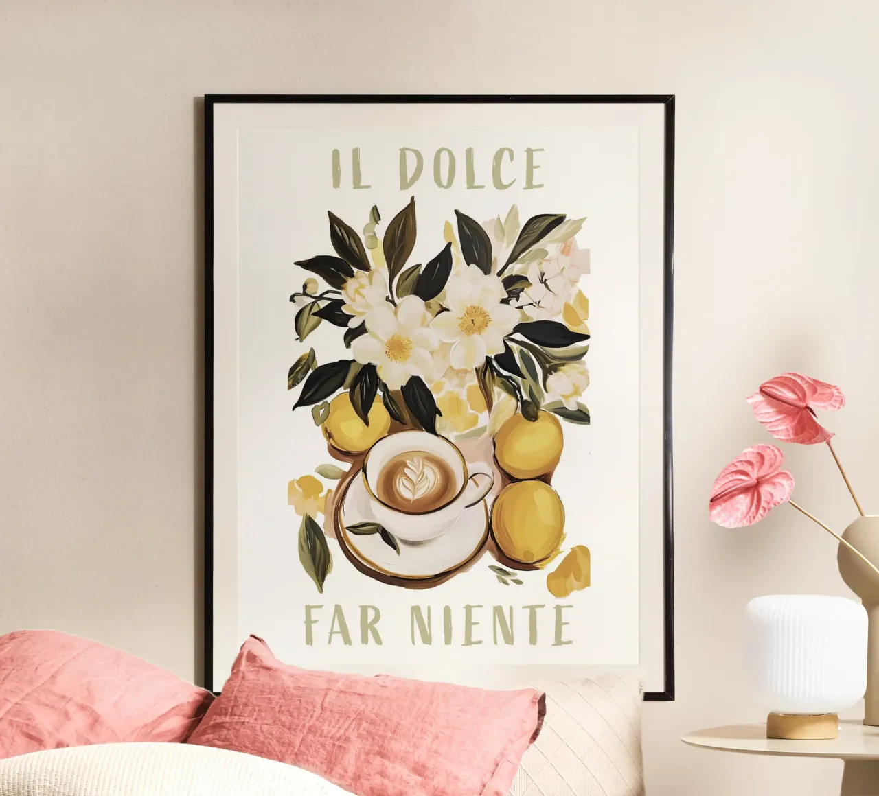 Il Dolce Far Niente, Caffè e Limoni, Viaggio in Italia poster con telaio in legno da Peaches Art Prints