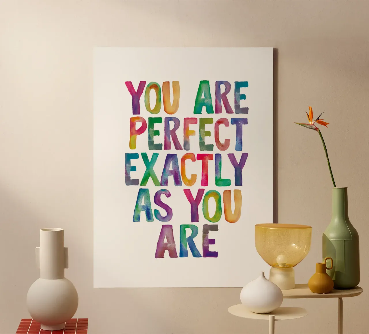 Sei perfetto esattamente come sei Tipografia arcobaleno tela con Cornice a cassetta da THE MOTIVATED TYPE
