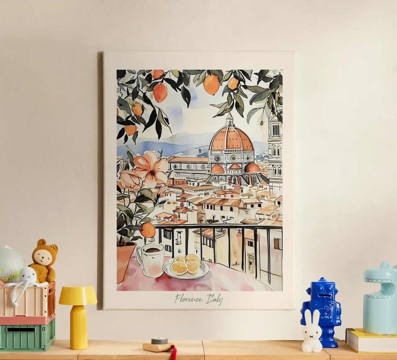 Florence Italië Zicht met Sinaasappels Aquarel - Reiskunst canvas met Baklijst van Peaches Art Prints