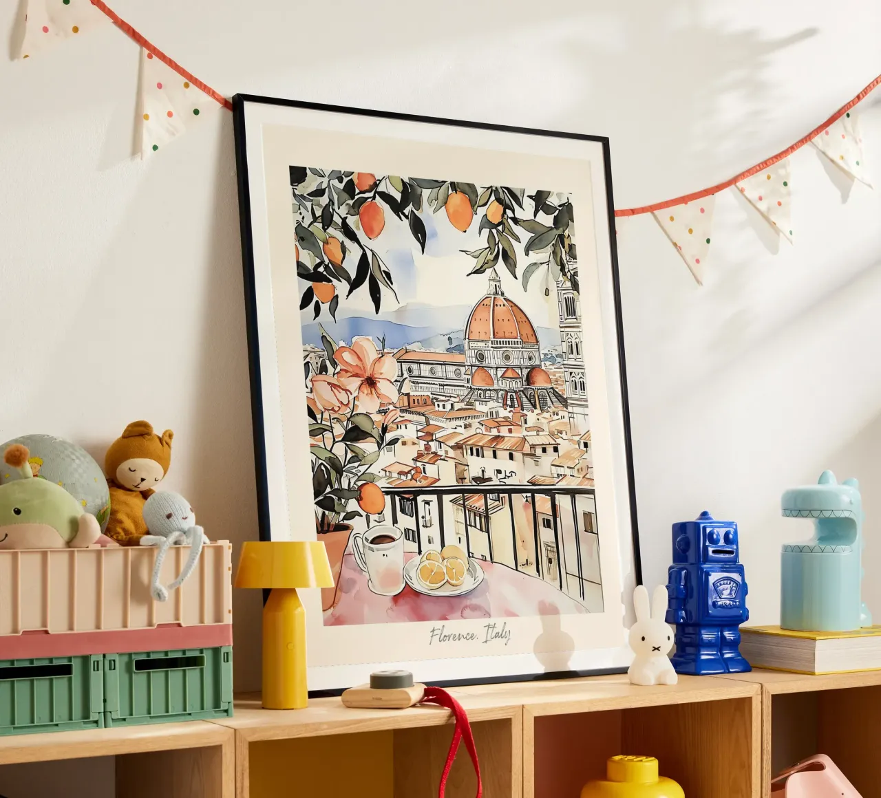 Firenze vista con arance acquerello - Arte di viaggio poster da Peaches Art Prints