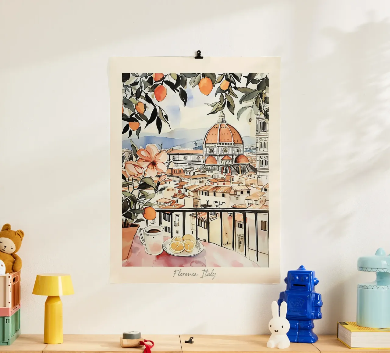 Firenze vista con arance acquerello - Arte di viaggio poster da Peaches Art Prints