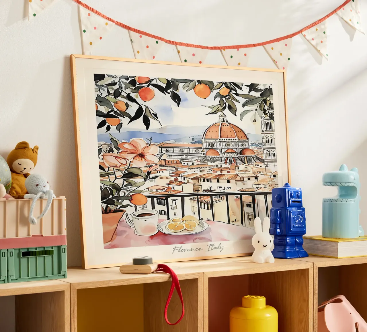 Firenze vista con arance acquerello - Arte di viaggio poster da Peaches Art Prints