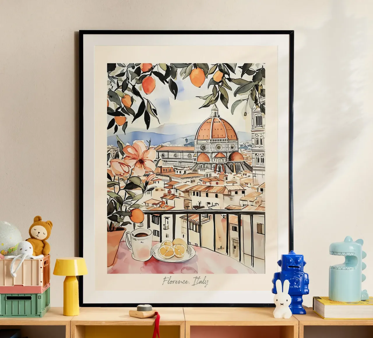 Firenze vista con arance acquerello - Arte di viaggio poster da Peaches Art Prints