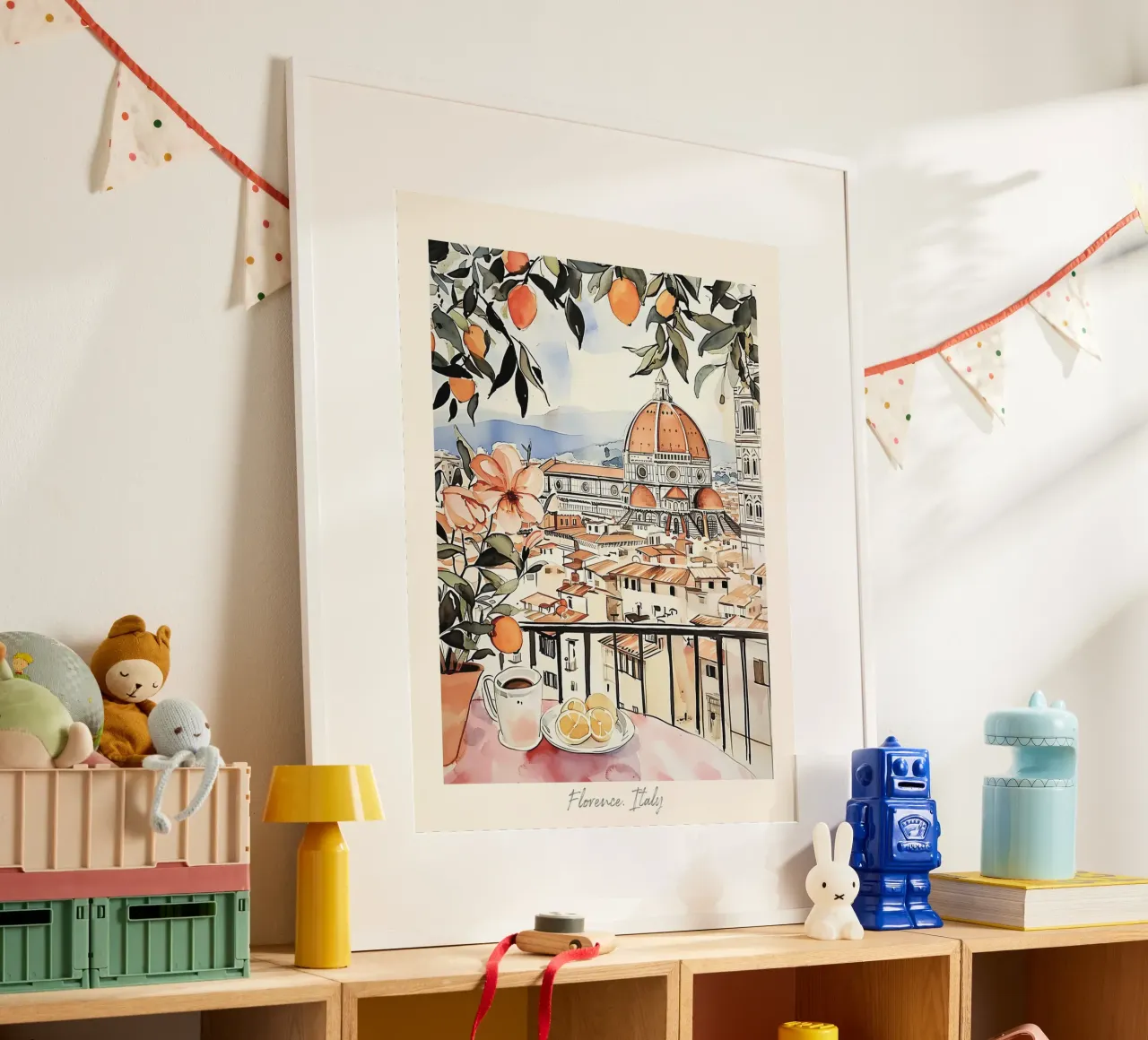 Firenze vista con arance acquerello - Arte di viaggio poster da Peaches Art Prints