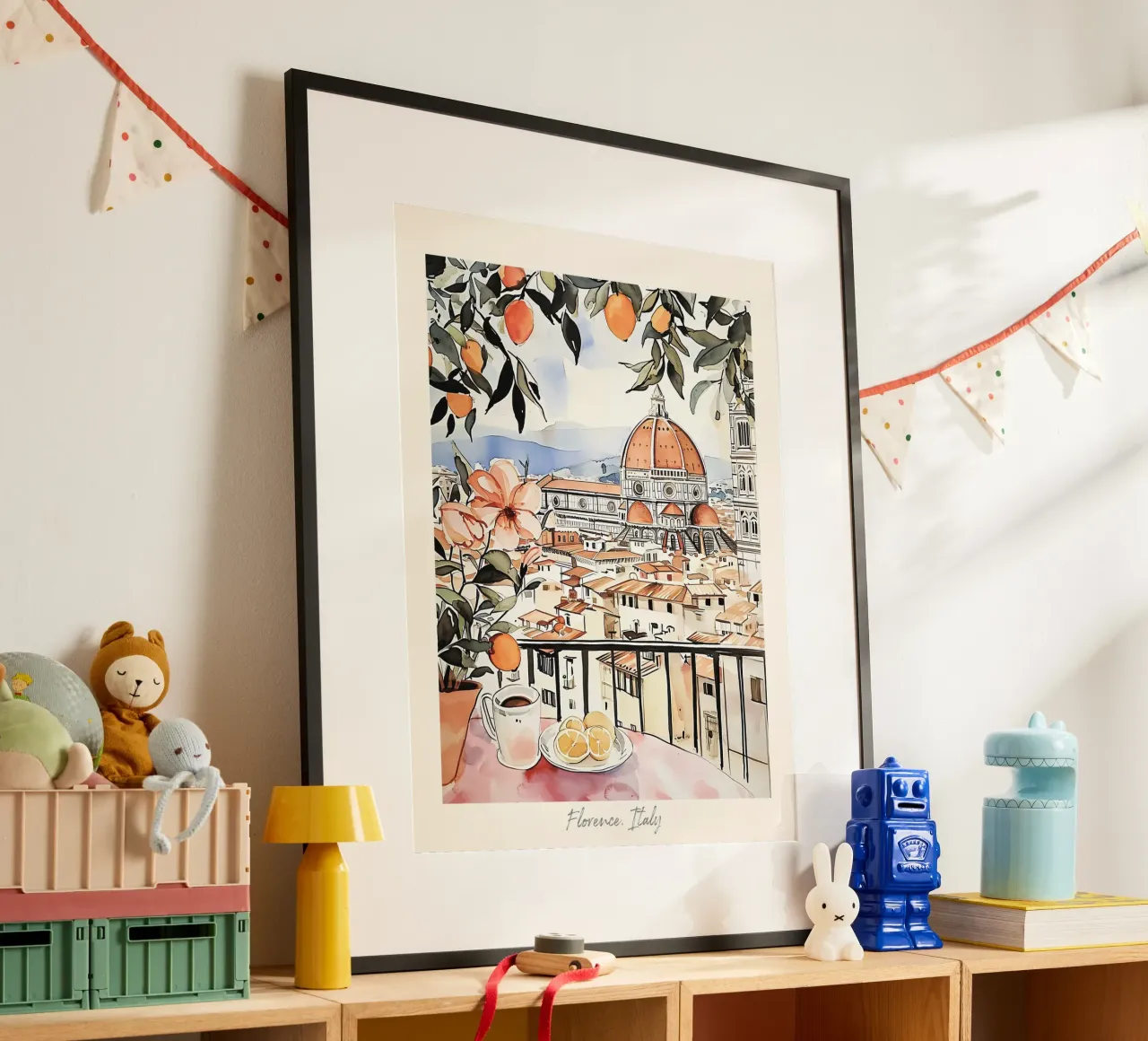 Firenze vista con arance acquerello - Arte di viaggio poster da Peaches Art Prints