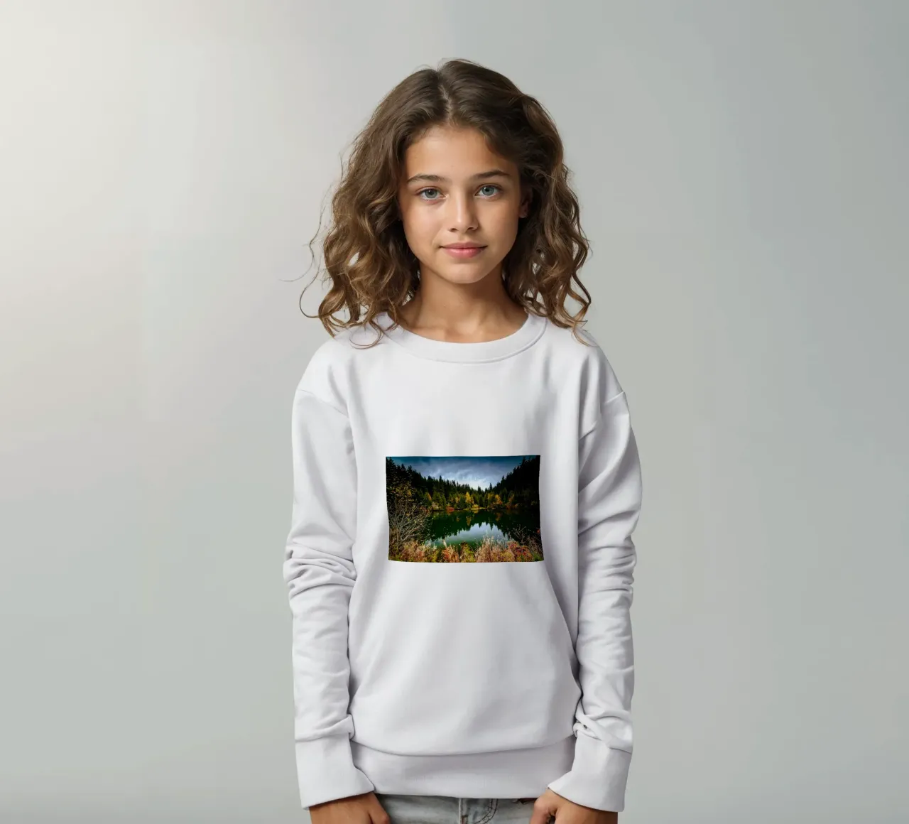 Reflection of the trees in the "Kleiner See" lake in Oberwiesenthal kids sweatshirt by Marcus Beckert | Fotografie