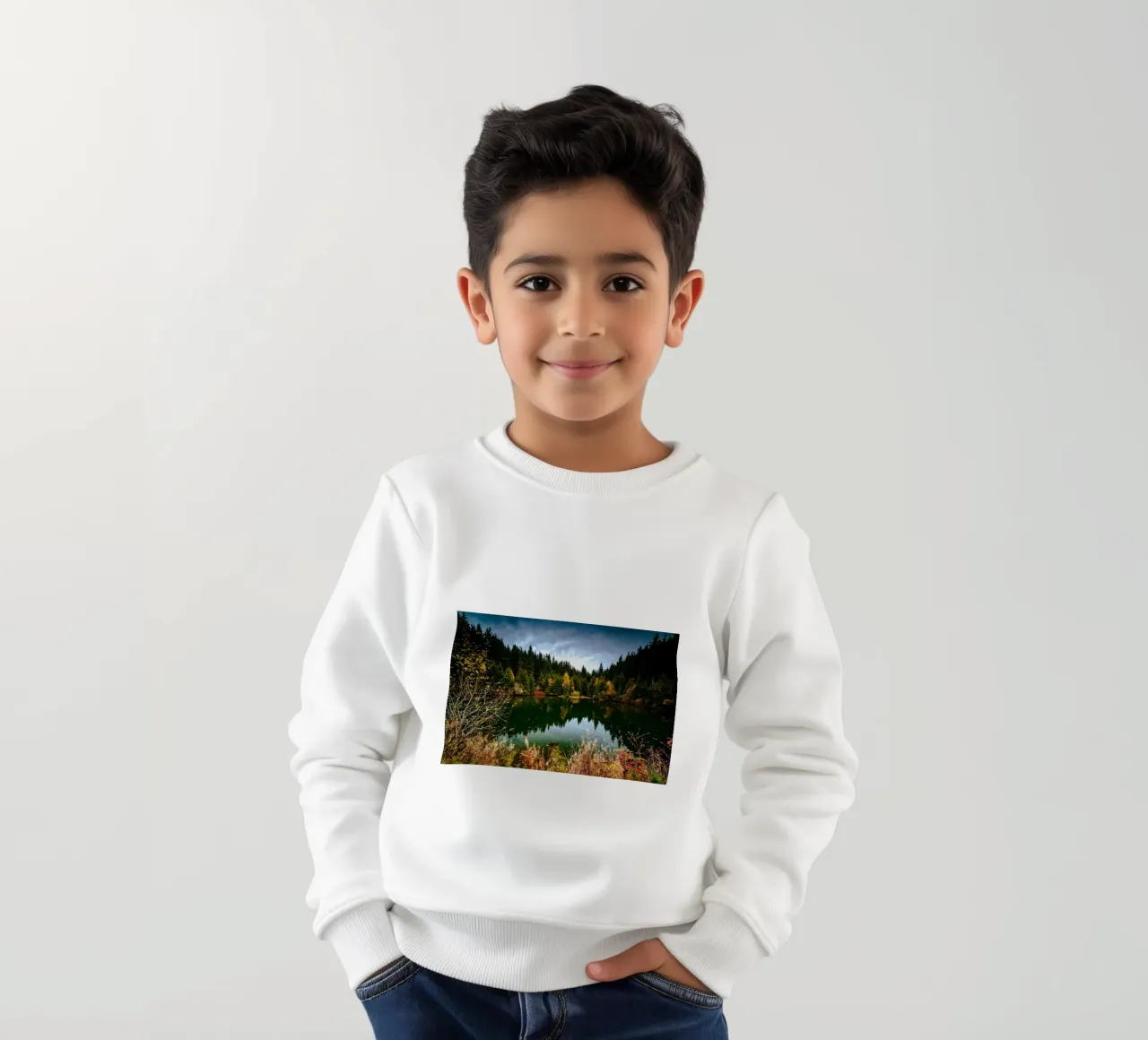 Reflection of the trees in the "Kleiner See" lake in Oberwiesenthal kids sweatshirt by Marcus Beckert | Fotografie
